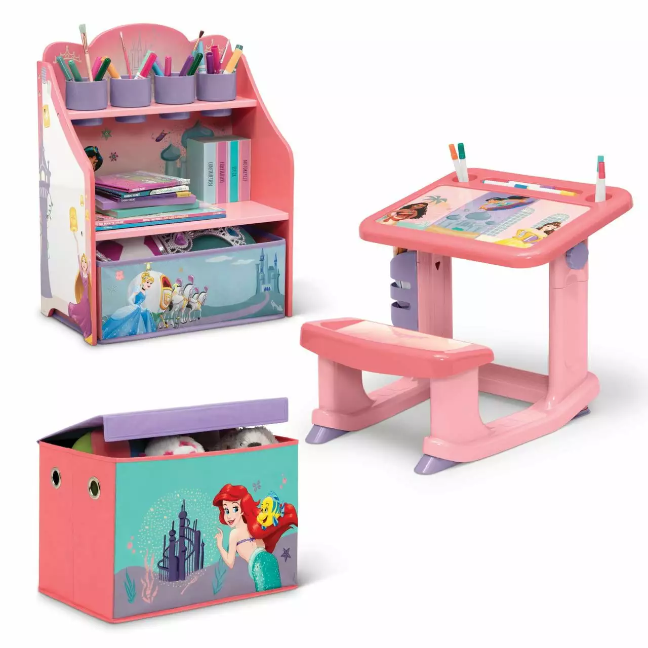 Disney Princess 3-Piece Art & Play Toddler Room-in-a-Box by Delta Children ?C Includes Draw & Play Desk. Art & Storage Station & Fabric Toy Box. Pink