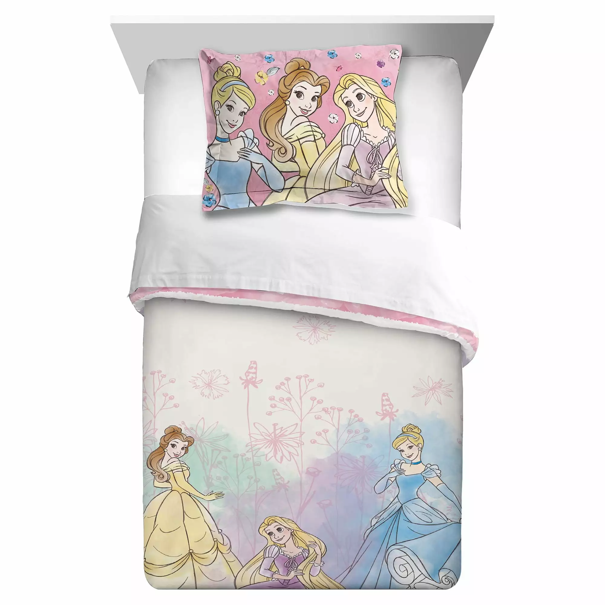 Disney Princess Kids Comforter and Sham. 2-Piece Set. Twin/Full. Reversible. Pink and White