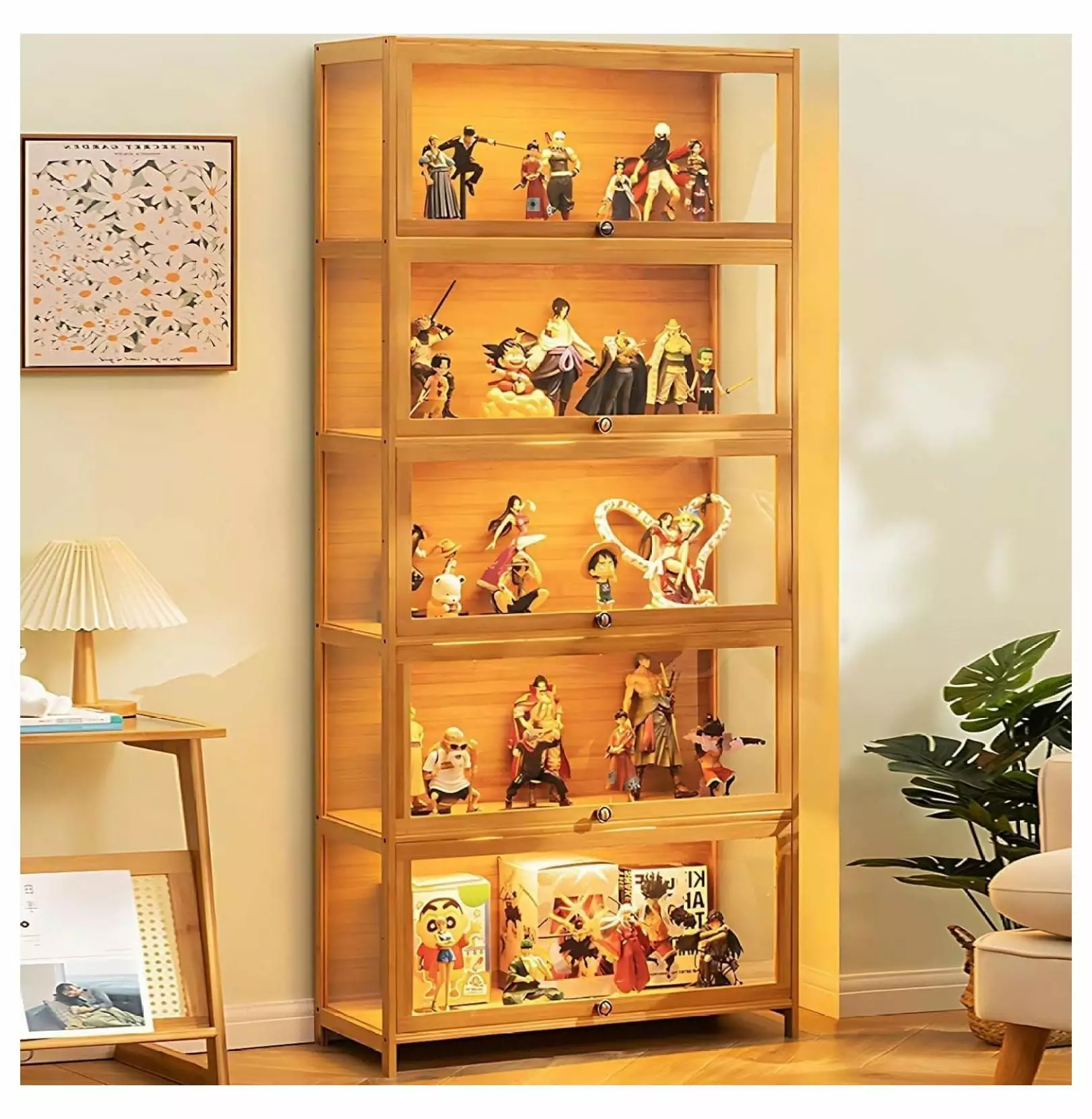 Display Cabinet with Doors. Bamboo Curio Cabinets with 5 Shelves. Floor Standing Display Case & Kids Bookcase for Home. Office. Bedroom. Living Room. Toddler's Room