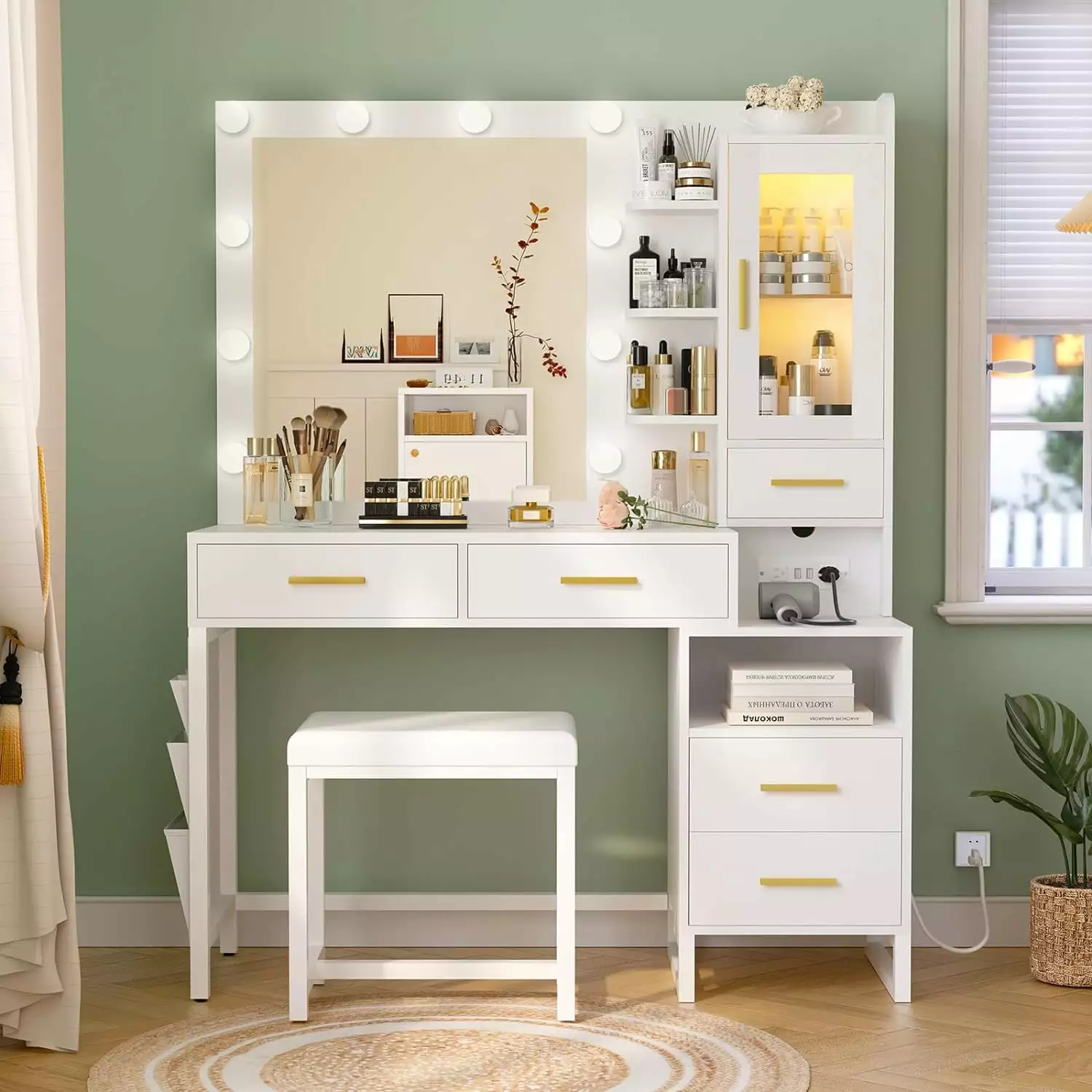 Dnxao Vanity Desk with Mirror and Lights. White Makeup Vanity Desk with Mirror Lights Vanity Table Set with Charging Station. 5 Drawers & Side Storage Bag. 3 Lighting Modes. Brightness Adjustable