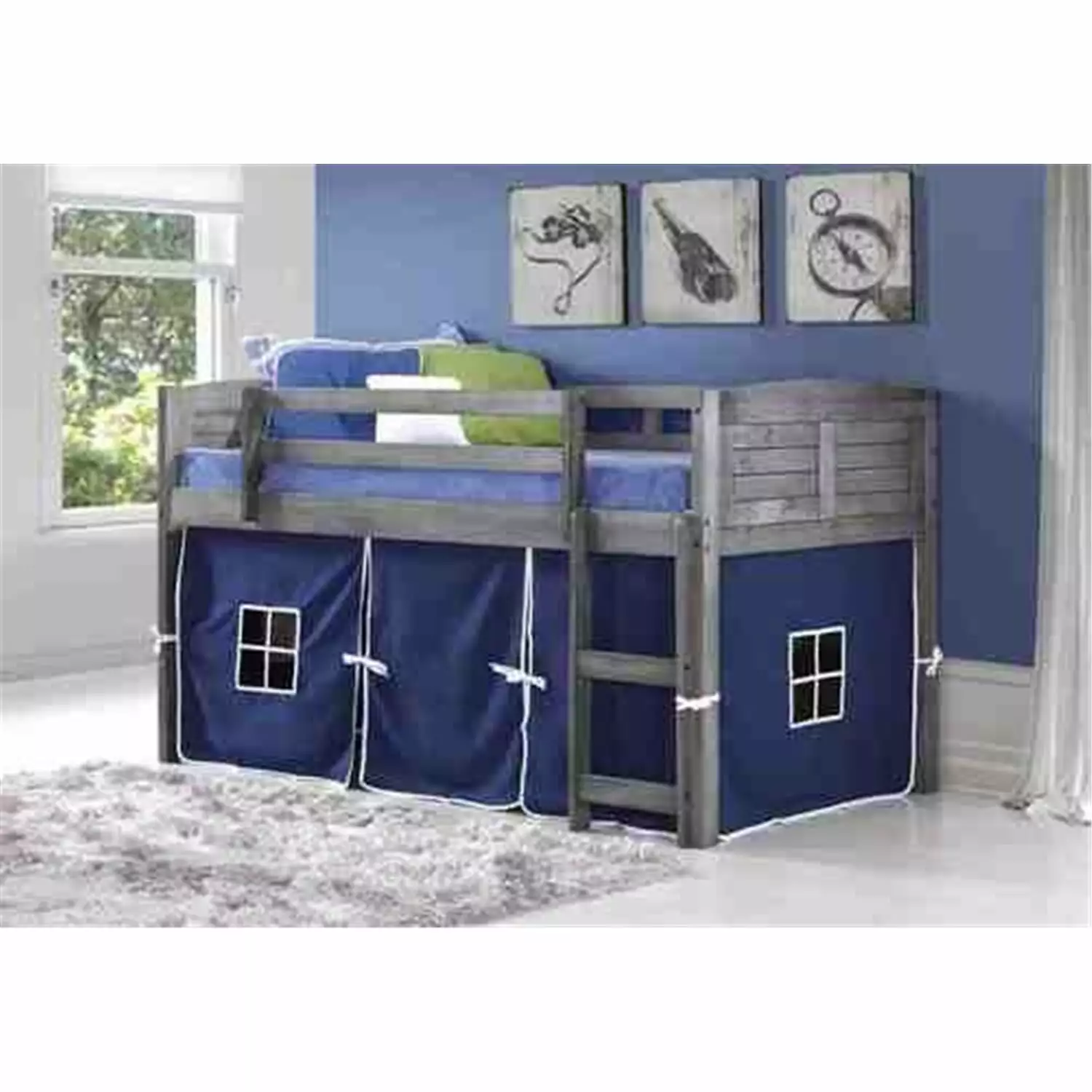 Donco Kids Louver Twin Antique Grey Low Loft Bed with Blue Tent. Twin. Antique Grey