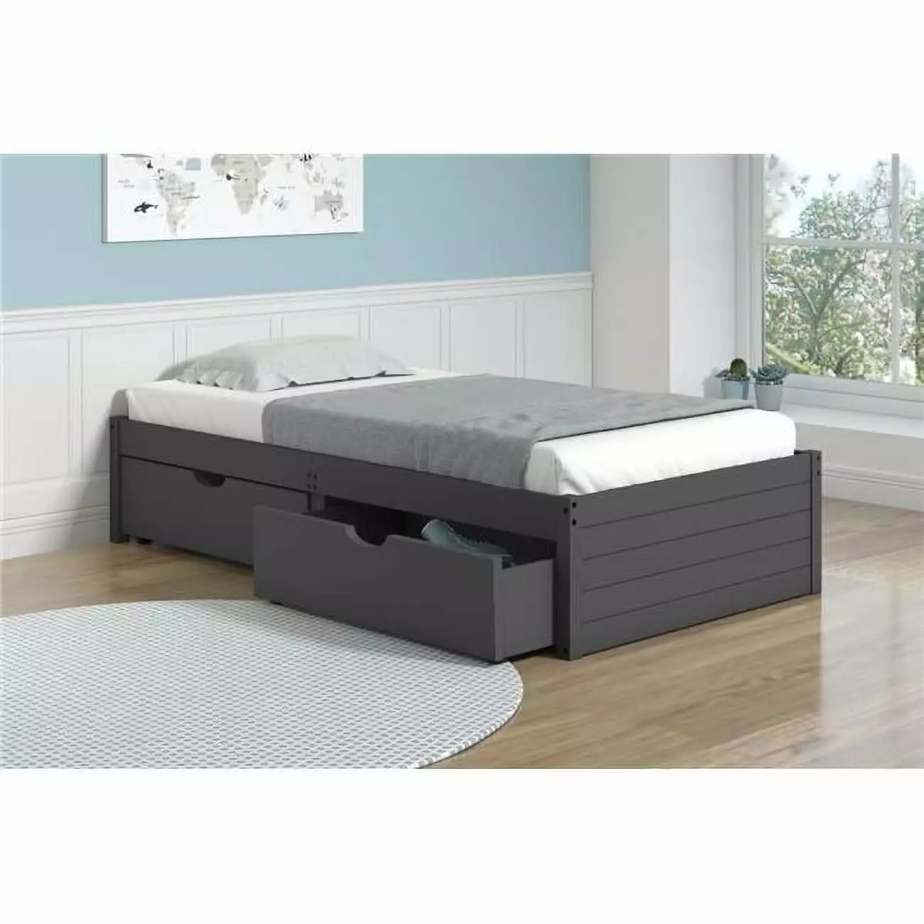 Donco Kids PD-400TDG-505DG Twin Size Footboard Panel Bed with Drawers. Dark Grey