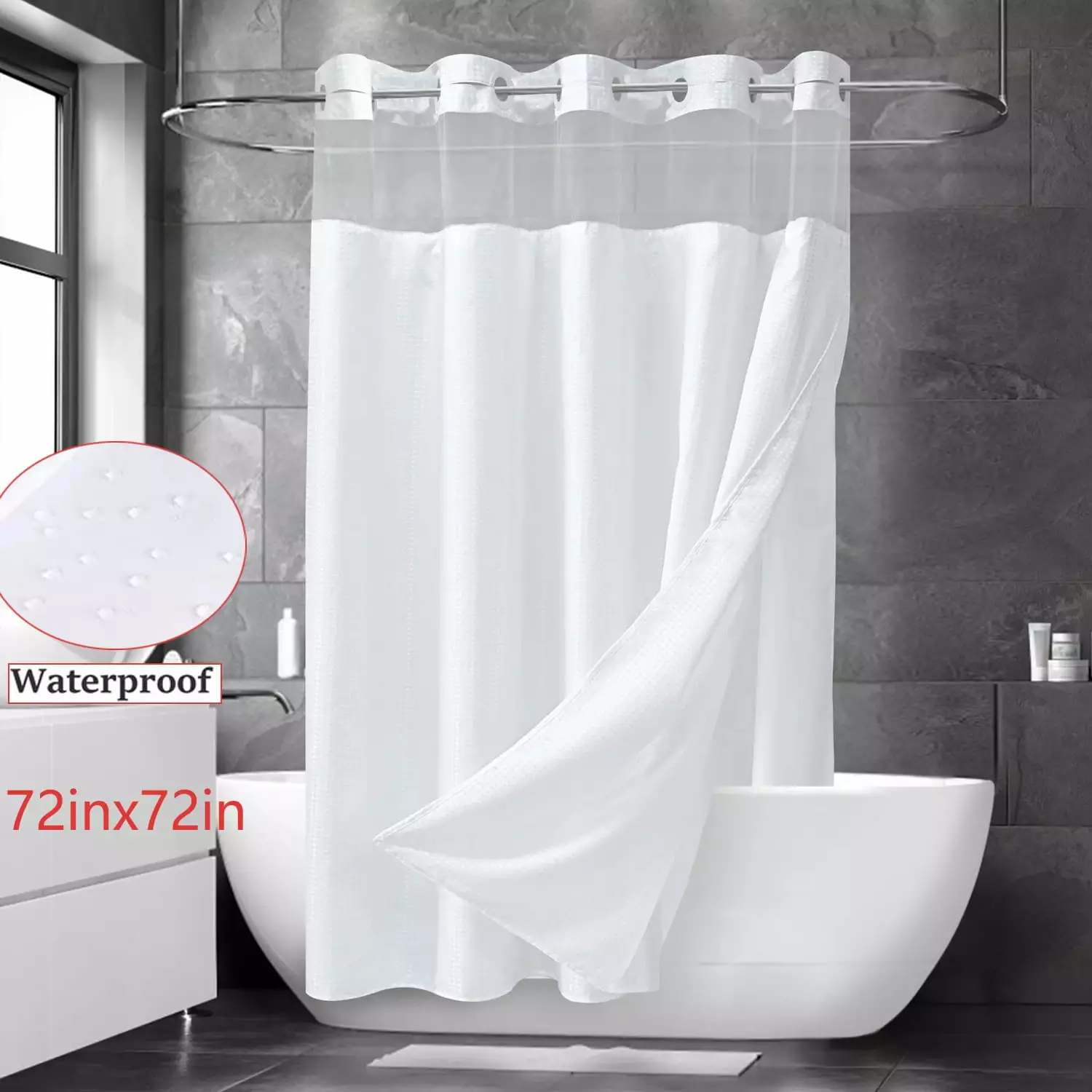 Double Shower Curtain with Snap in Liner Hotel Style Shower Curtains with Window Waffle Weave. 72 L x 72 W White