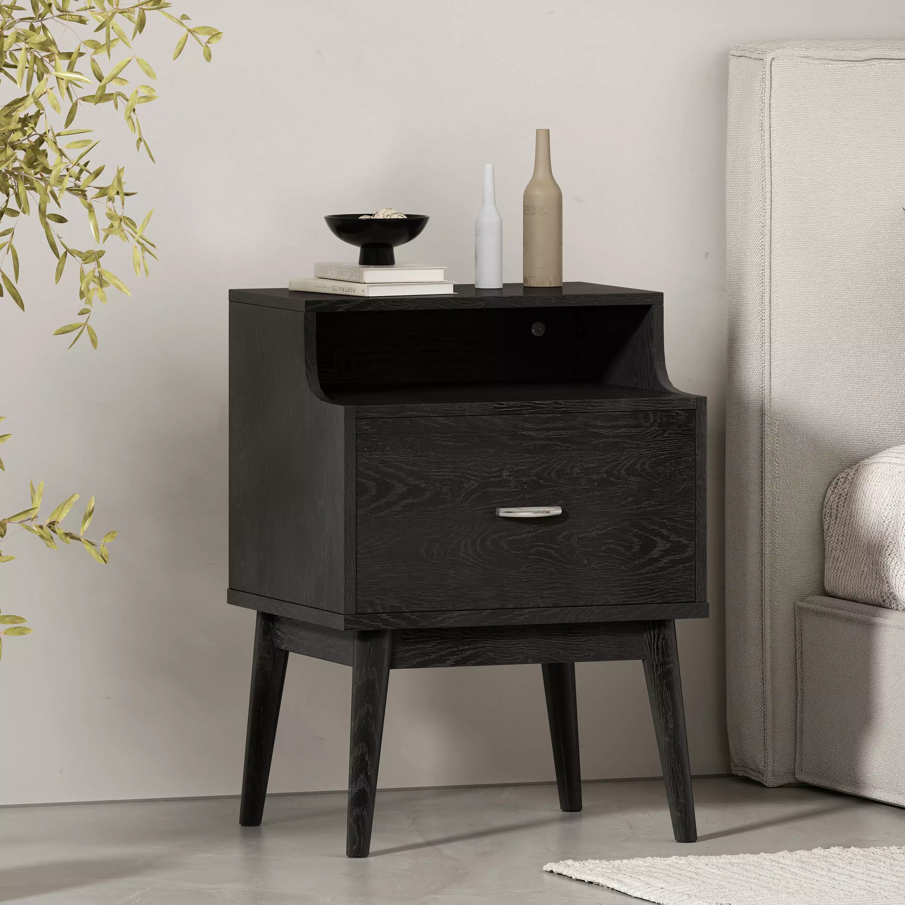 Drawer Nightstand with Hutch in Faux Wood Finish and Mid-Century Modern Rubberwood Legs - Elegant Bedroom Storage Solution