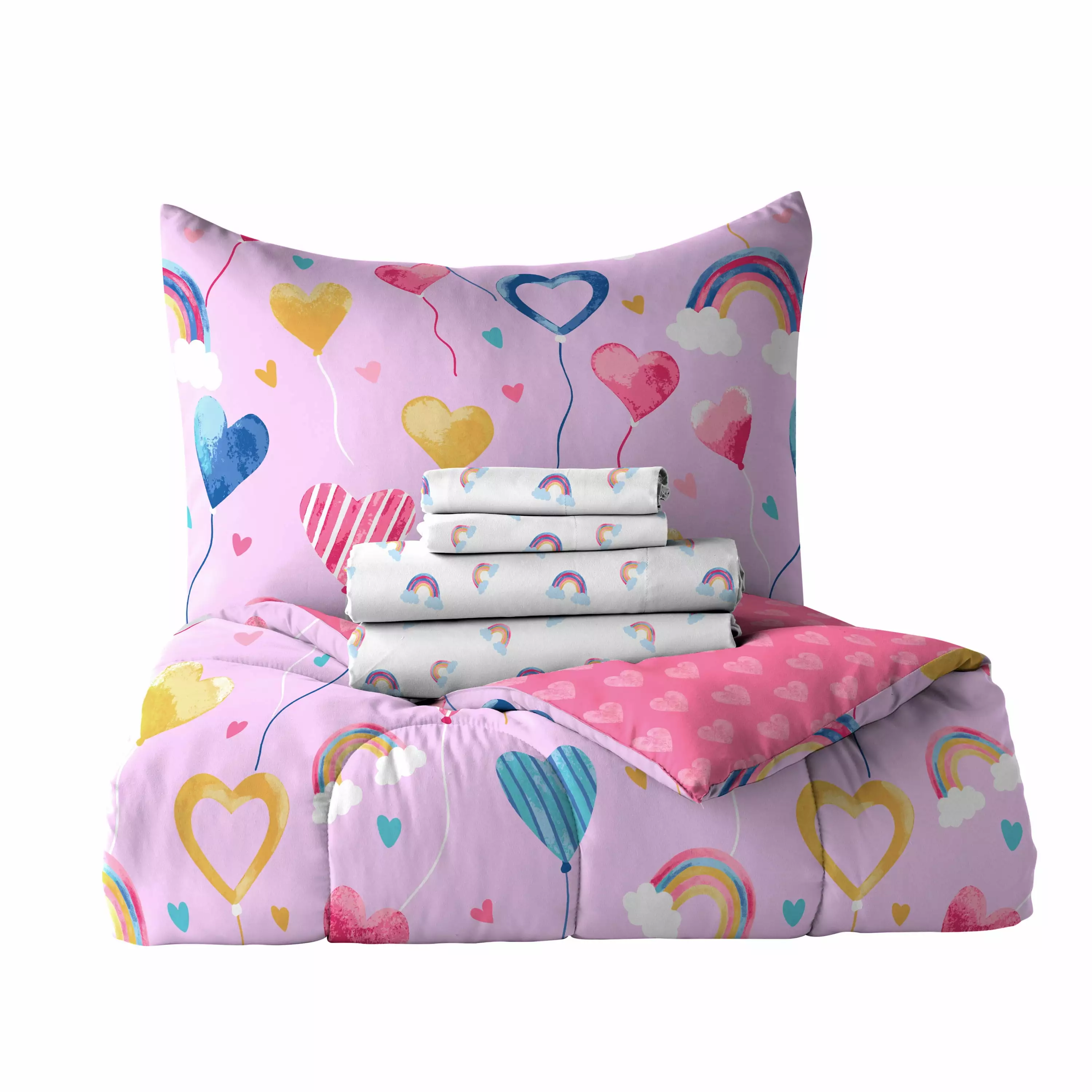 Dream Factory Balloon Hearts Twin Bed-in-a-Bag. Lilac. Microfiber. Polyester Fill. Female. Age Group 3+