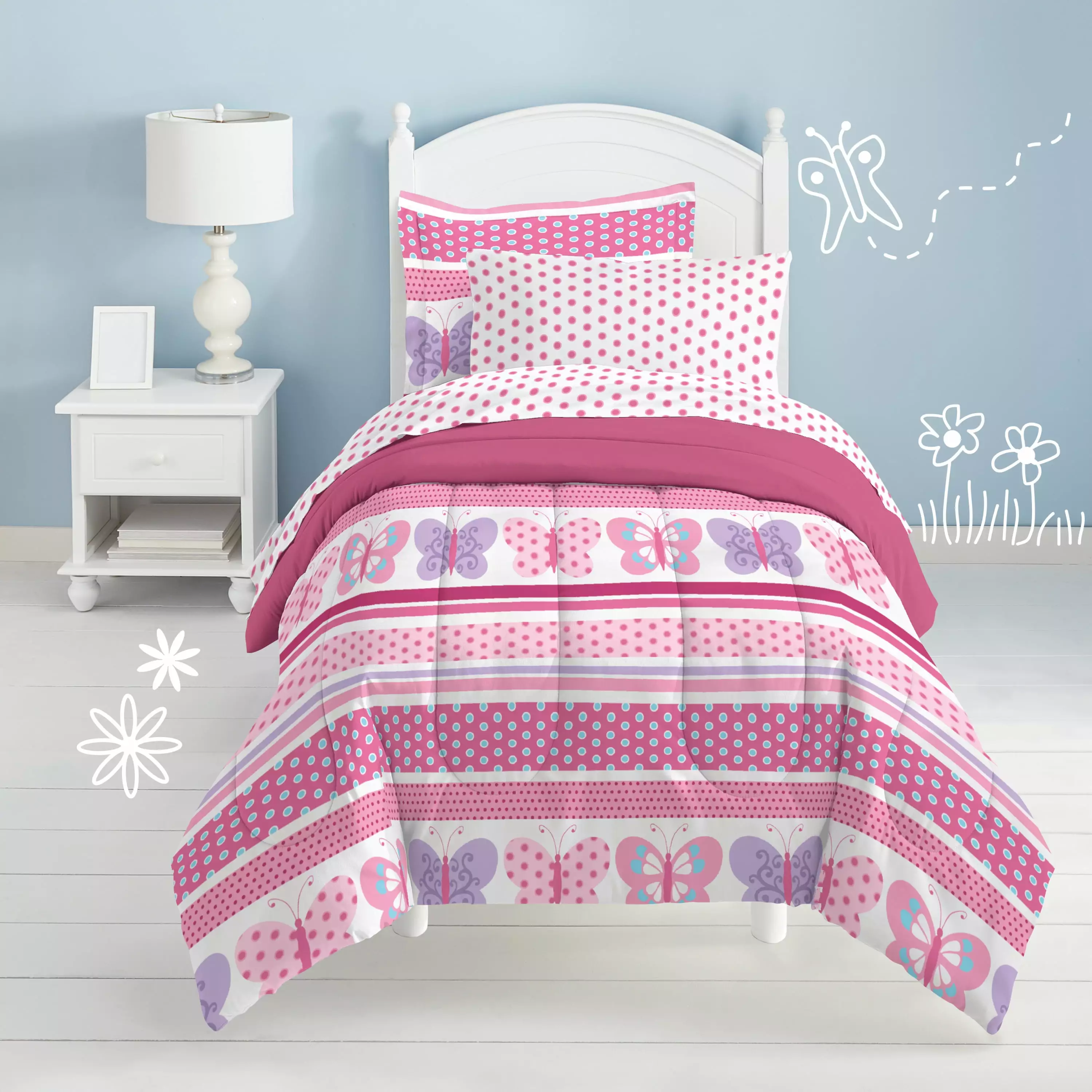 Dream Factory Butterfly Dots Twin 5 Piece Comforter Set. Polyester. Microfiber. Pink. Purple. White. Multi. Child. Female