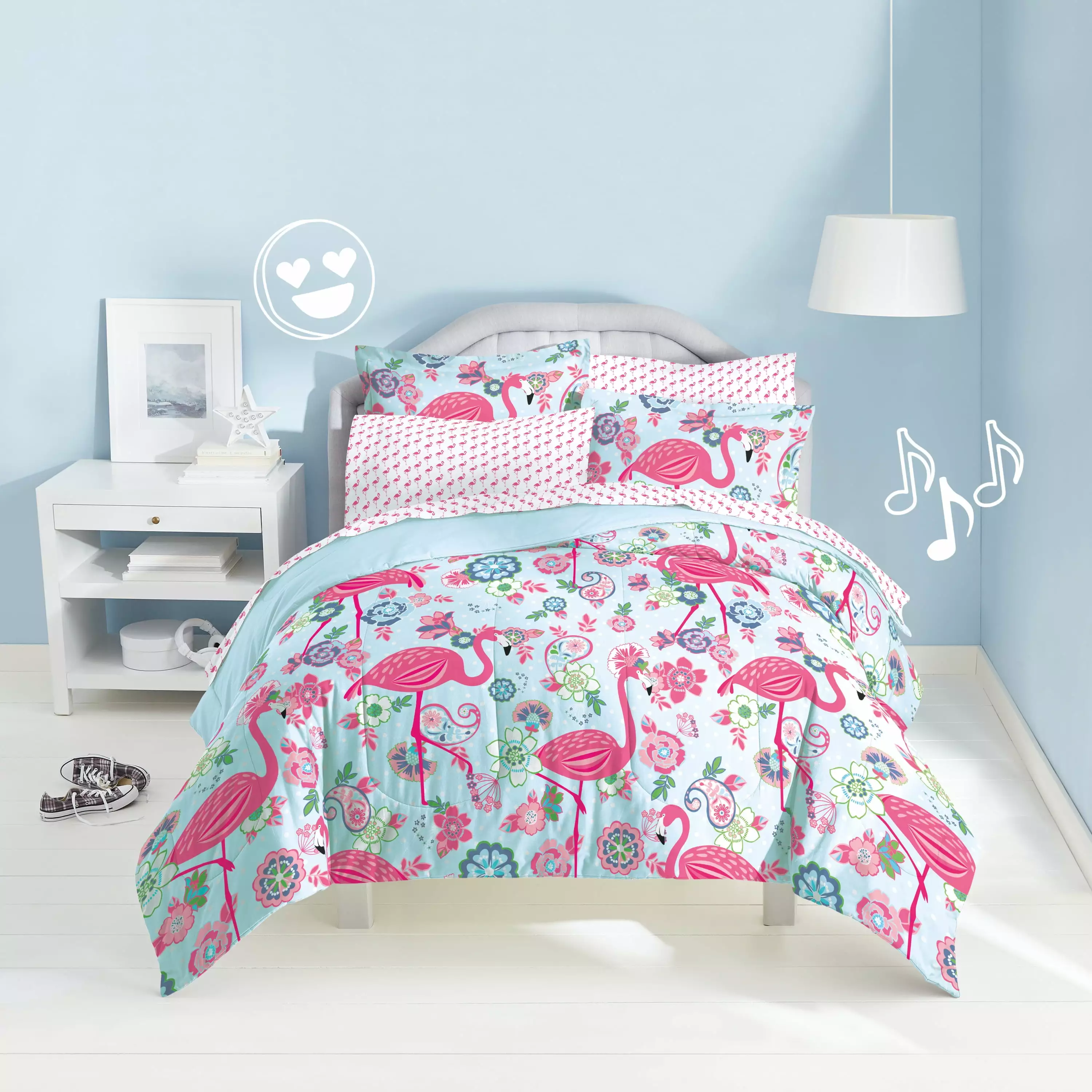 Dream Factory Flamingo Twin 5 Piece Comforter Set. Polyester. Microfiber. Pink. Child