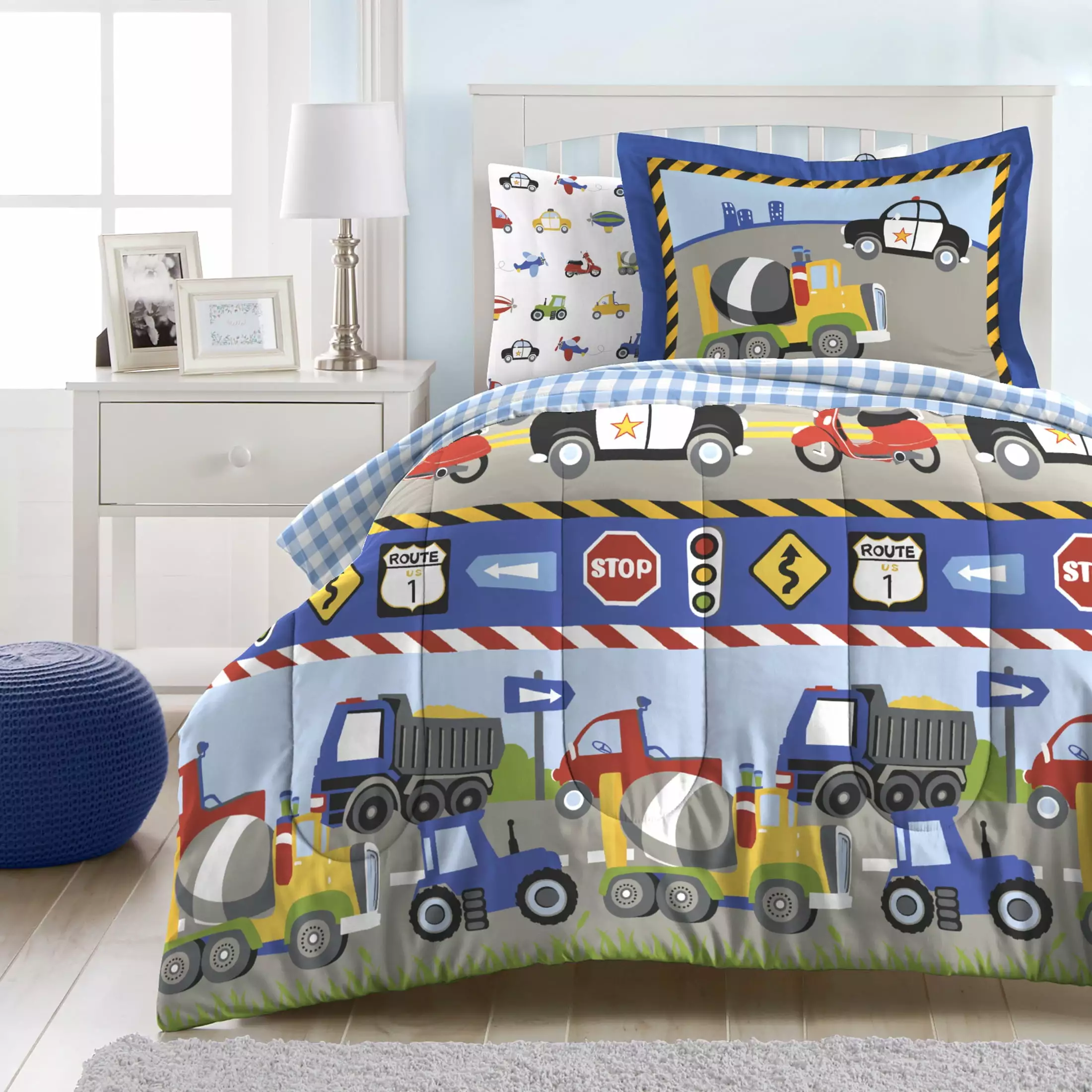 Dream Factory Trains and Truck Pattern Twin 5 Piece Bed-in-a-Bag. Bed-in-a-Bag. Cotton/Polyester. Blue. Multi. Male. Child