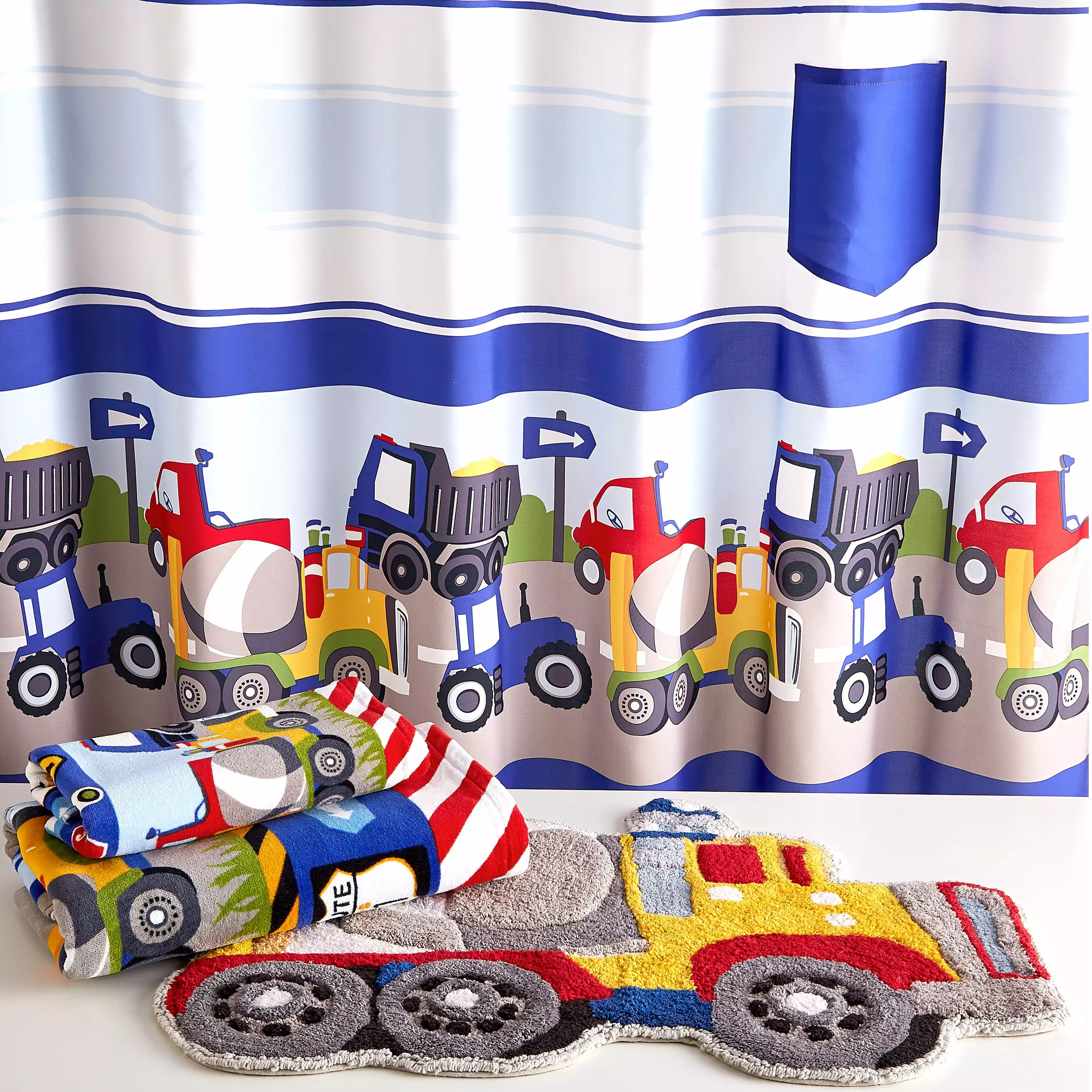 Dream Factory Trains and Trucks Bathroom Linen and Accessory Set Grey. Cotton. Polyester. Child