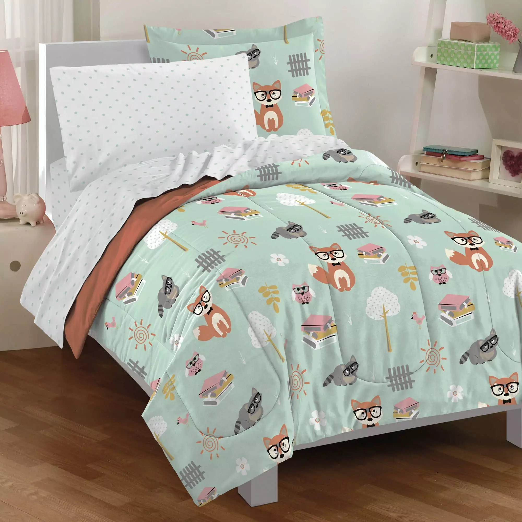 Dream Factory Woodland Friends Twin 5 Piece Comforter Set. Polyester. Microfiber. Green. Blue. Child