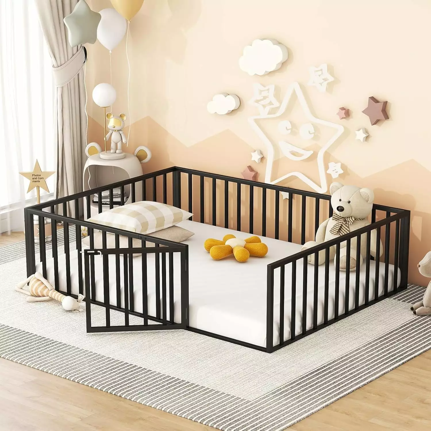 DreamBuck Queen Montessori Floor Bed with Safety Fence and Door. Metal Kids Floor Bed Frame. Minimalist Versatile Floor Bed for Toddlers. Boys Girls. Queen Bed Frame for Childroom. Kids Playroom