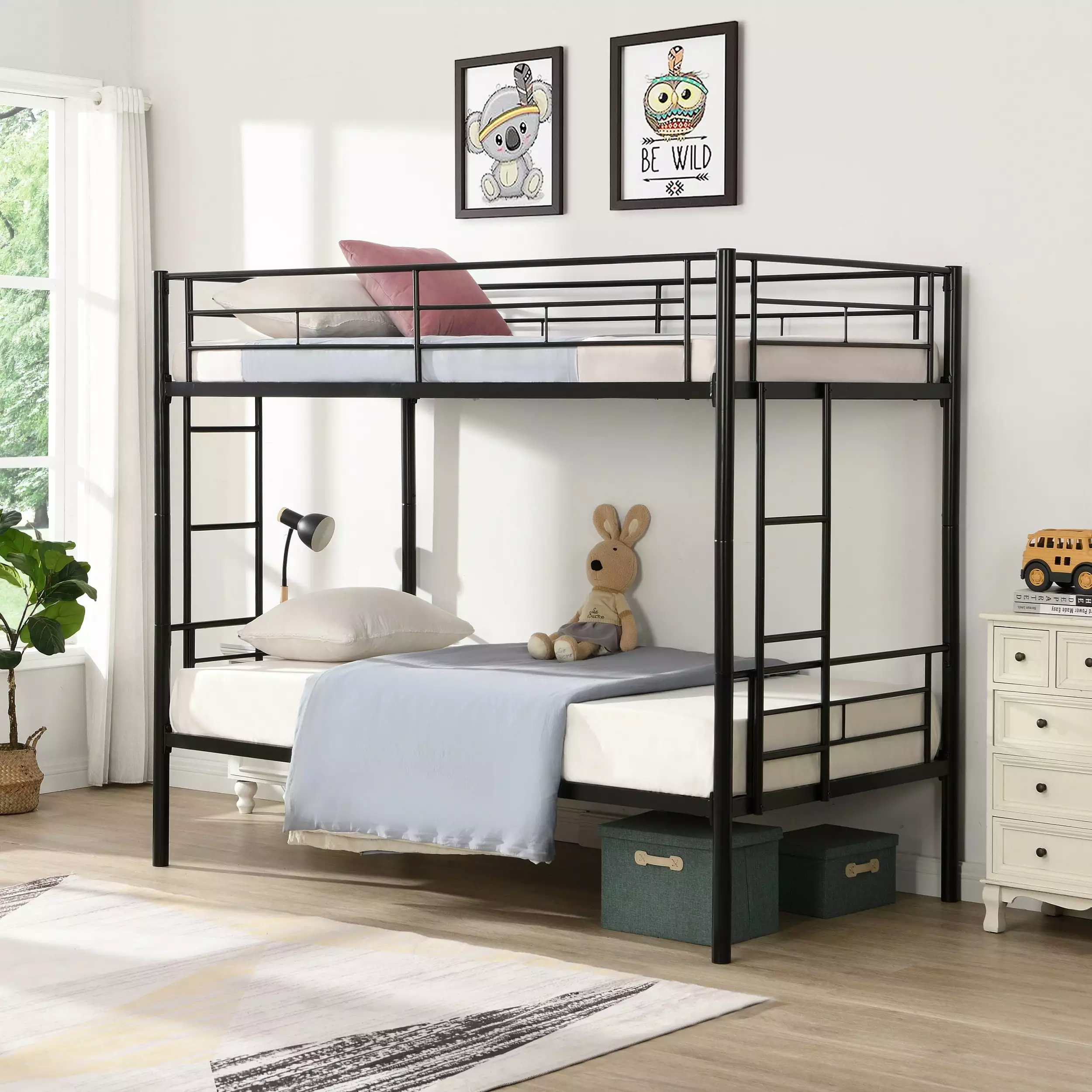 DreamBuck Twin over Twin Metal Bunk Bed. Metal Structure Bedframe with Safety Guardrails and 2 Ladders. Convertible Bunkbeds. No Spring Box Required. Space Saving Design. Black