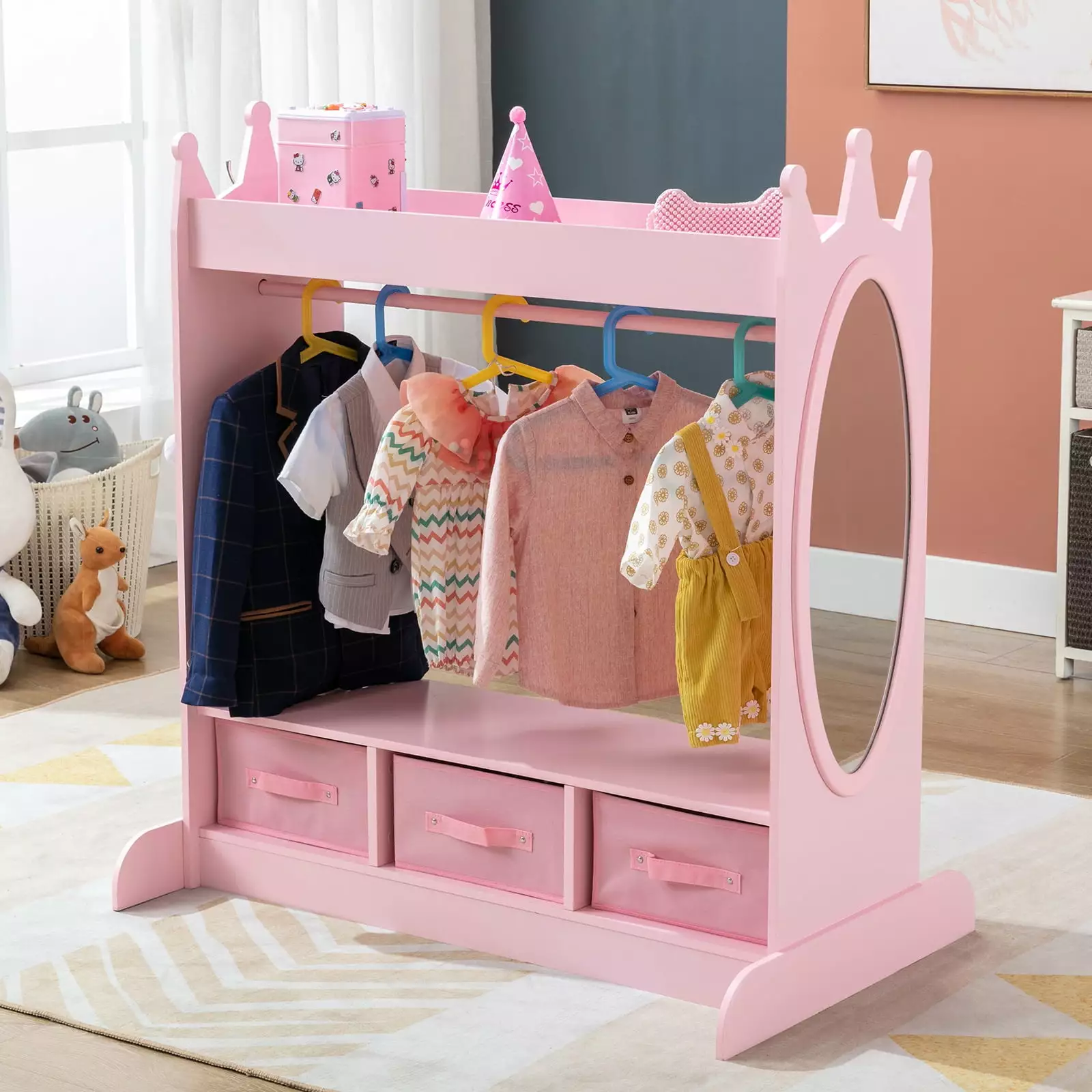 Dress Up Storage Kids Girls Armoire Closet w/ Mirror. Side Pocket. Storage (Pink)