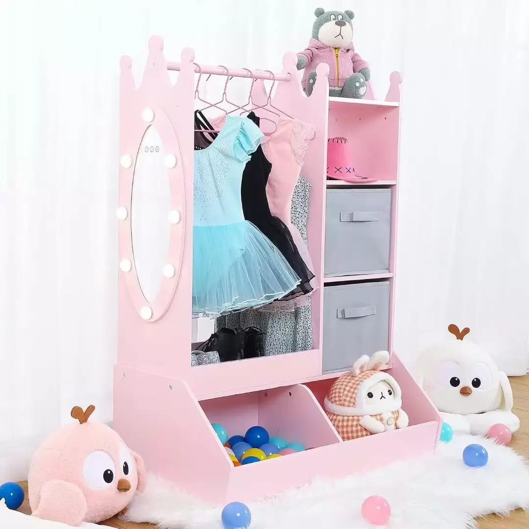 Dress Up Storage with Light & Mirror & Open Hanging Armoire Closet for Girls. Kids. Pink