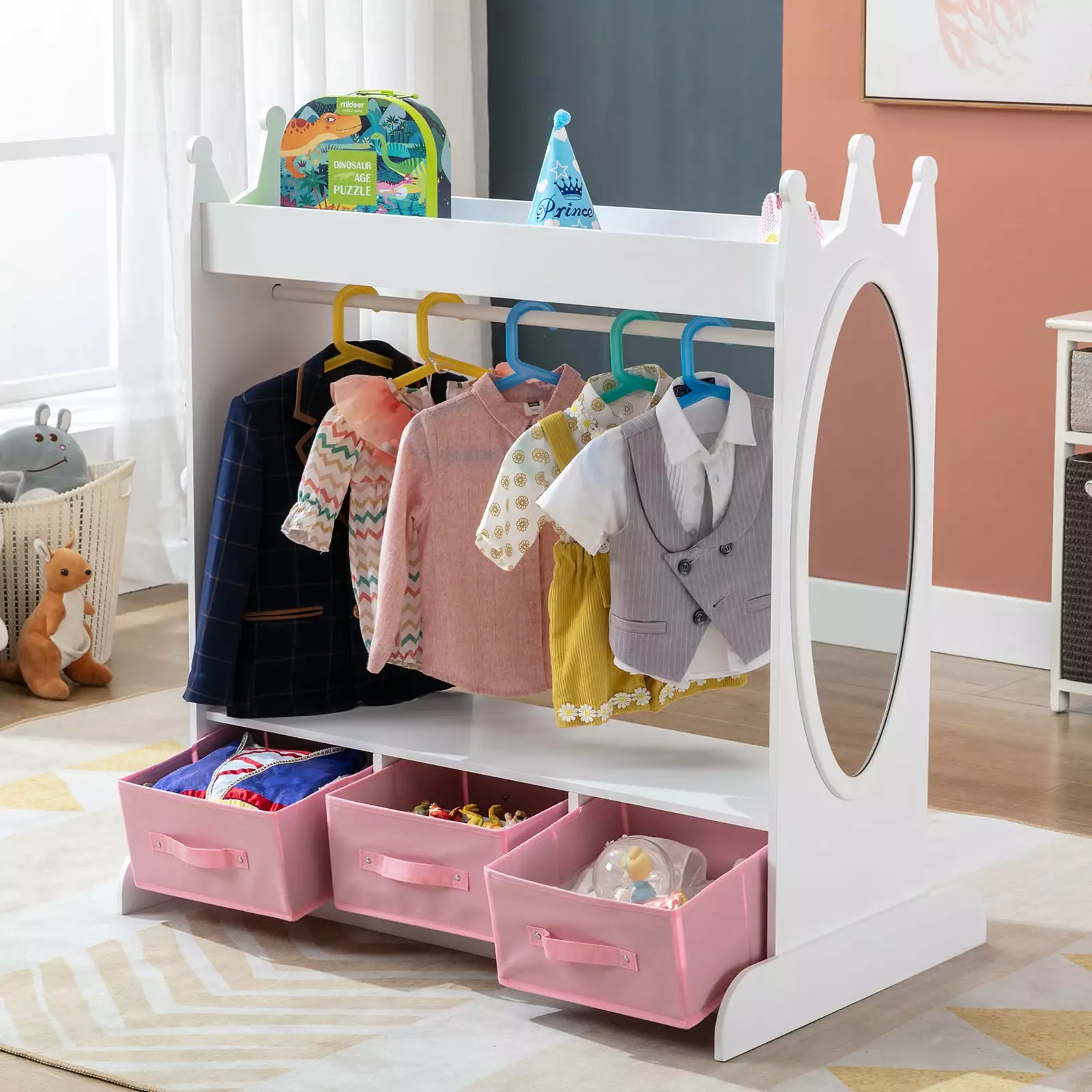 Dress up Storage Kids Girls Armoire Closet with Mirror. Side Pocket. Storage (White)