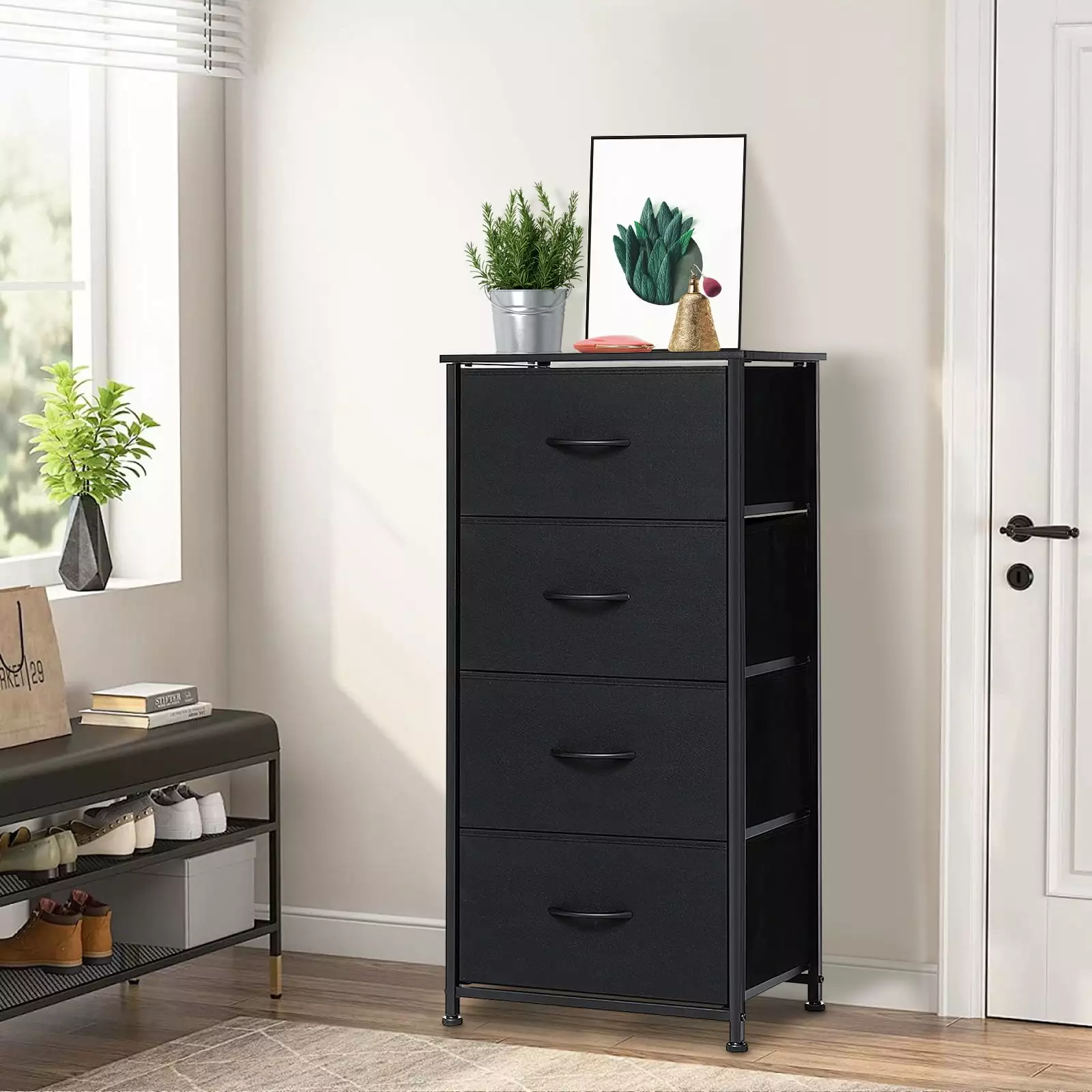 Dresser with 4 Storage Drawers. HONEIER Fabric Dresser for Bedroom Storage Tower Chest of Drawers with Fabric Bins for Closet. Living Room. Hallway. Bedroom Furniture. Black