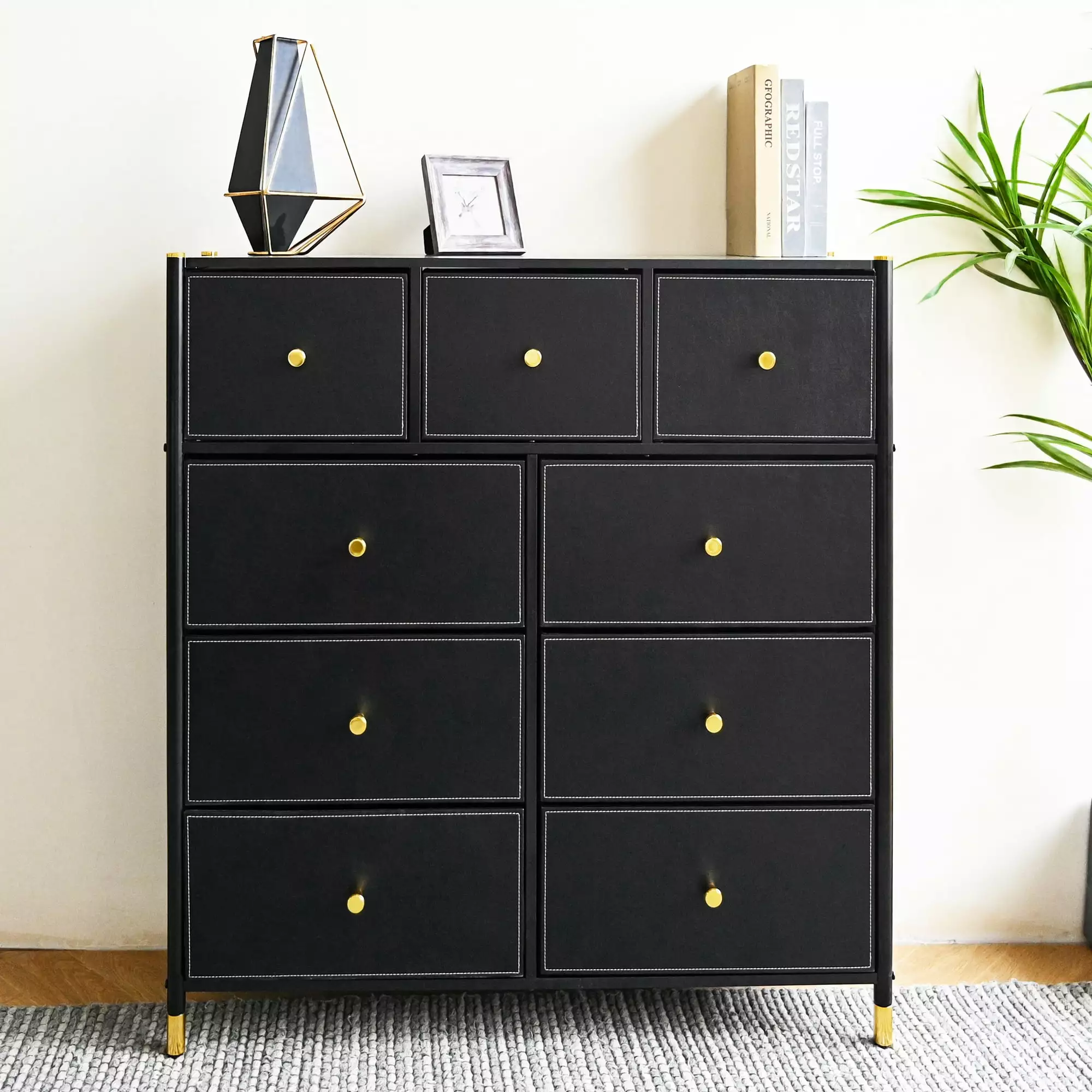 Dresser for Bedroom with 9 Drawers. Storage Drawer Organizer. Wide Chest of Drawers for Closet. Clothes. TV Stand with Storage Drawers. Wood Board. Fabric Drawers(Black)