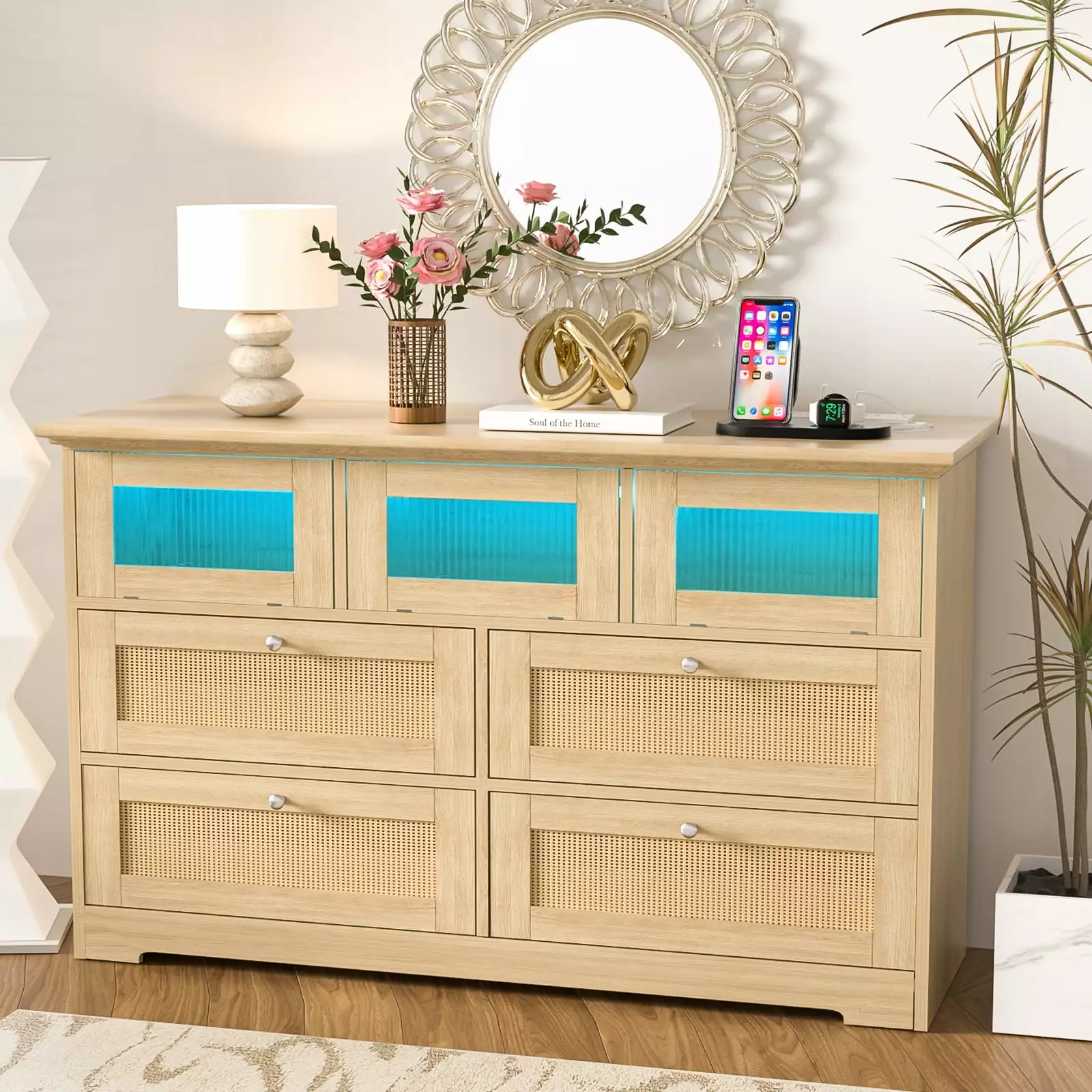 Dresser for Bedroom.Rattan 7 Drawer Dresser with Charging Station and LED Lights.Boho Dressers & Chests of Drawers.Wooden Dresser for Bedroom.Living Room.Hallway