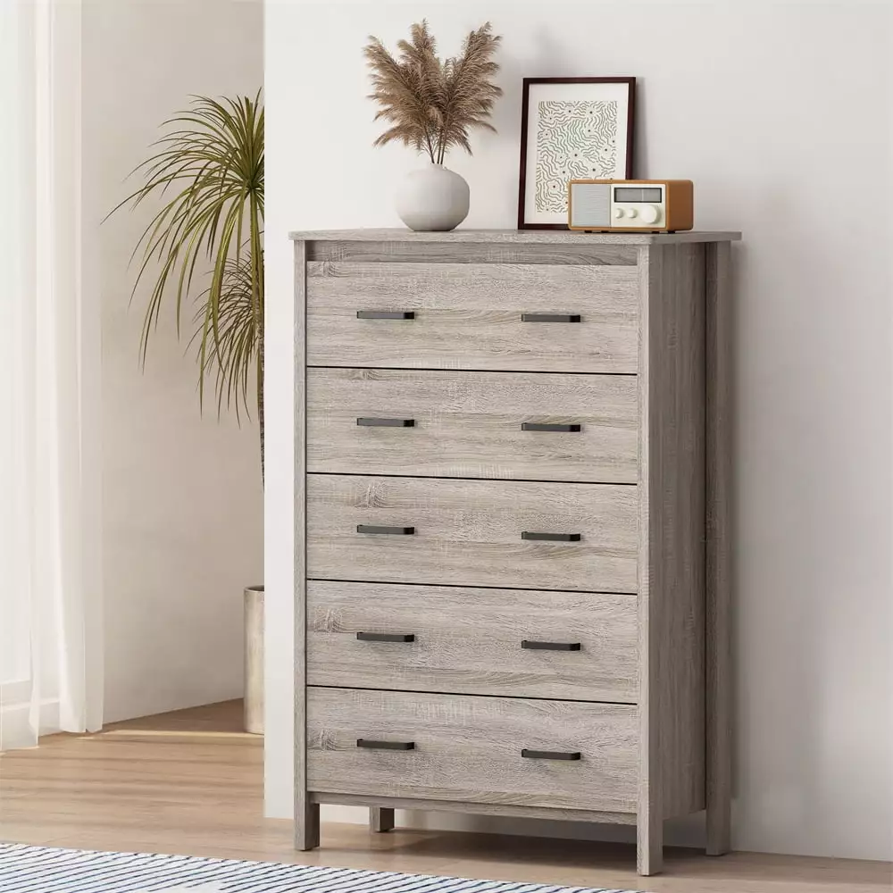 Dresser Chests for Bedroom with 5 Drawers. Wood Freestanding Rustic Tall Chest of Drawers with Handles. Dressers Storage for Bedroom. Living Room. Entryway