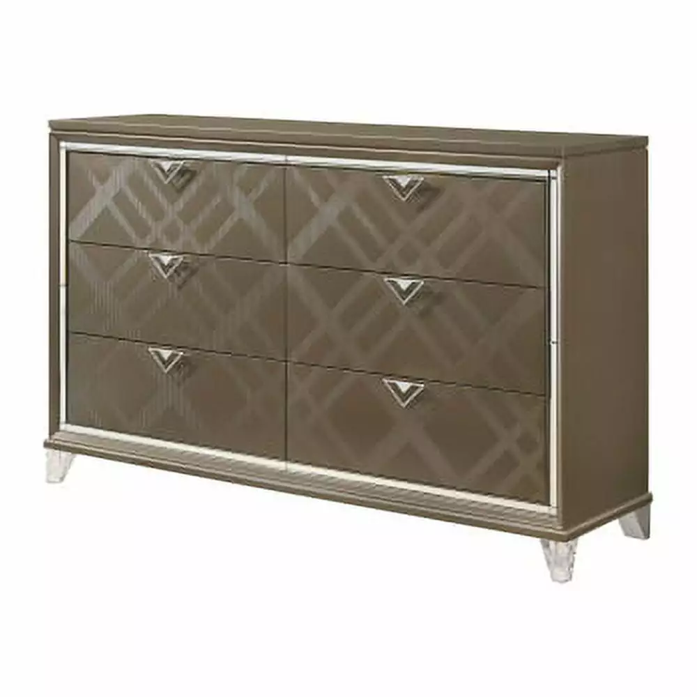 Dresser Storage Chest with 5 Drawers. Wood Dresser Chest with Acrylic Legs and Handles for Bedroom. Living Room & Hallway. Dark Champagne (66''L x 18''W x 42''H)