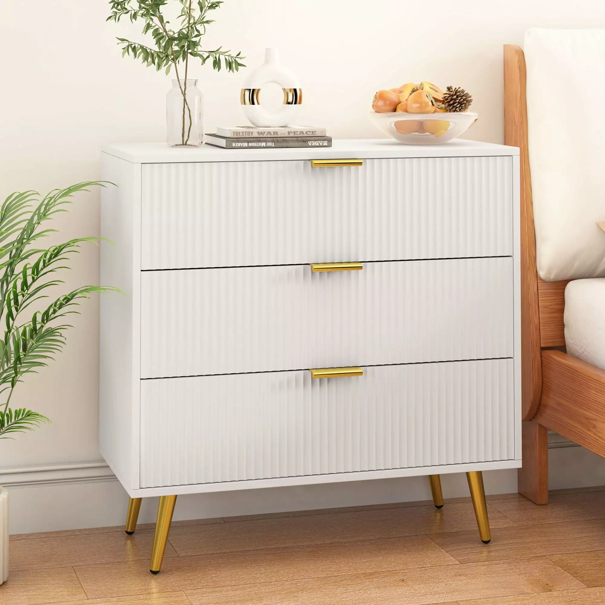 Dresser for Bedroom with 3 Storage Drawers. Fluted 3 drawer dresser. Modern Wood Chest of Drawers for Bedroom Living Room Hallway