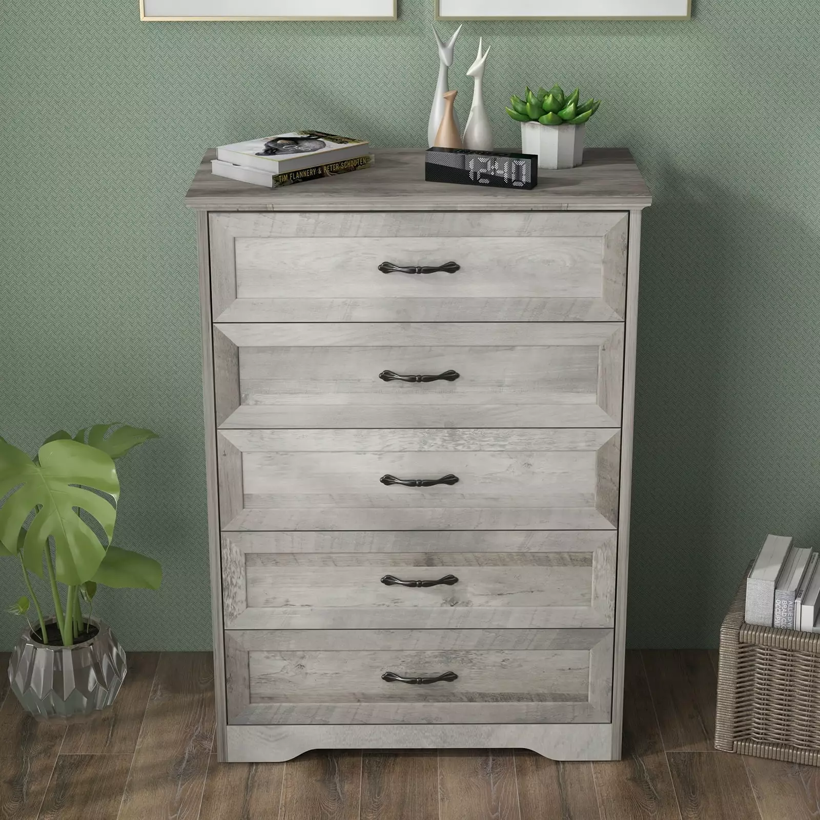 Dresser for Bedroom with 5 Drawers. Tall Wood Drawer Dresser Chest of Drawers for Closet. Living Room. Hallway. Nursery. Kids Bedroom. Grey