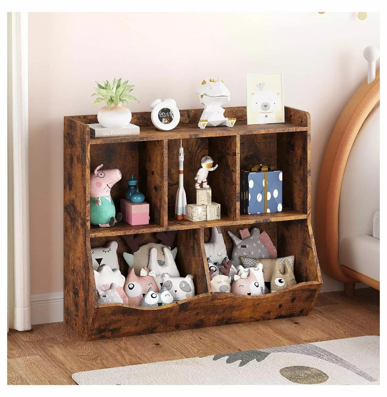 Drevy Kids Bookshelf and Bookcase Toy Storage Multi Shelf with Cubby Organizer Cabinet for Boys Girls.for Children Playroom Hallway Kindergarten School (Rustic Brown)