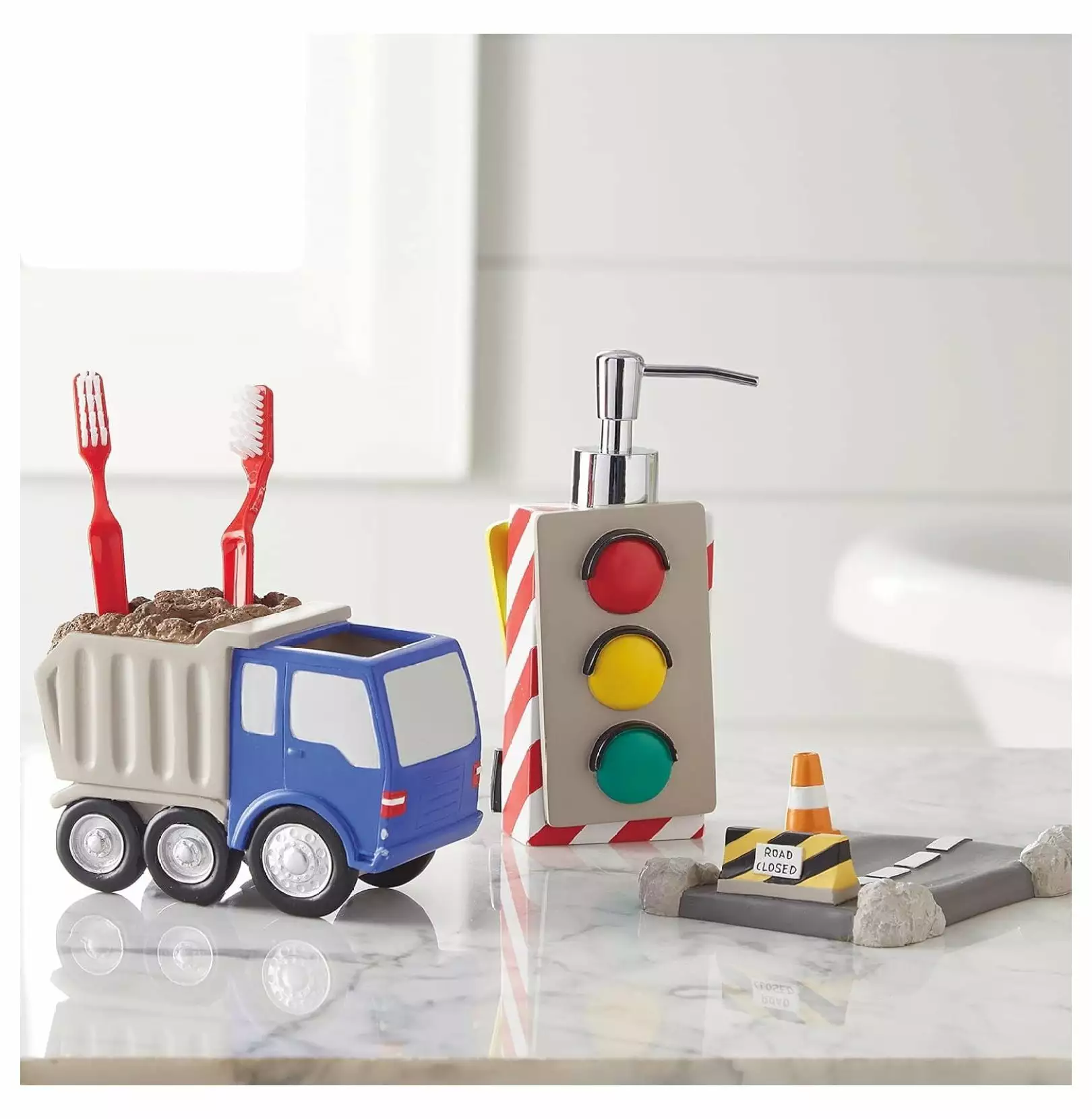 Drevy Trains and Trucks 3-Piece Bath Accessories Set. Grey