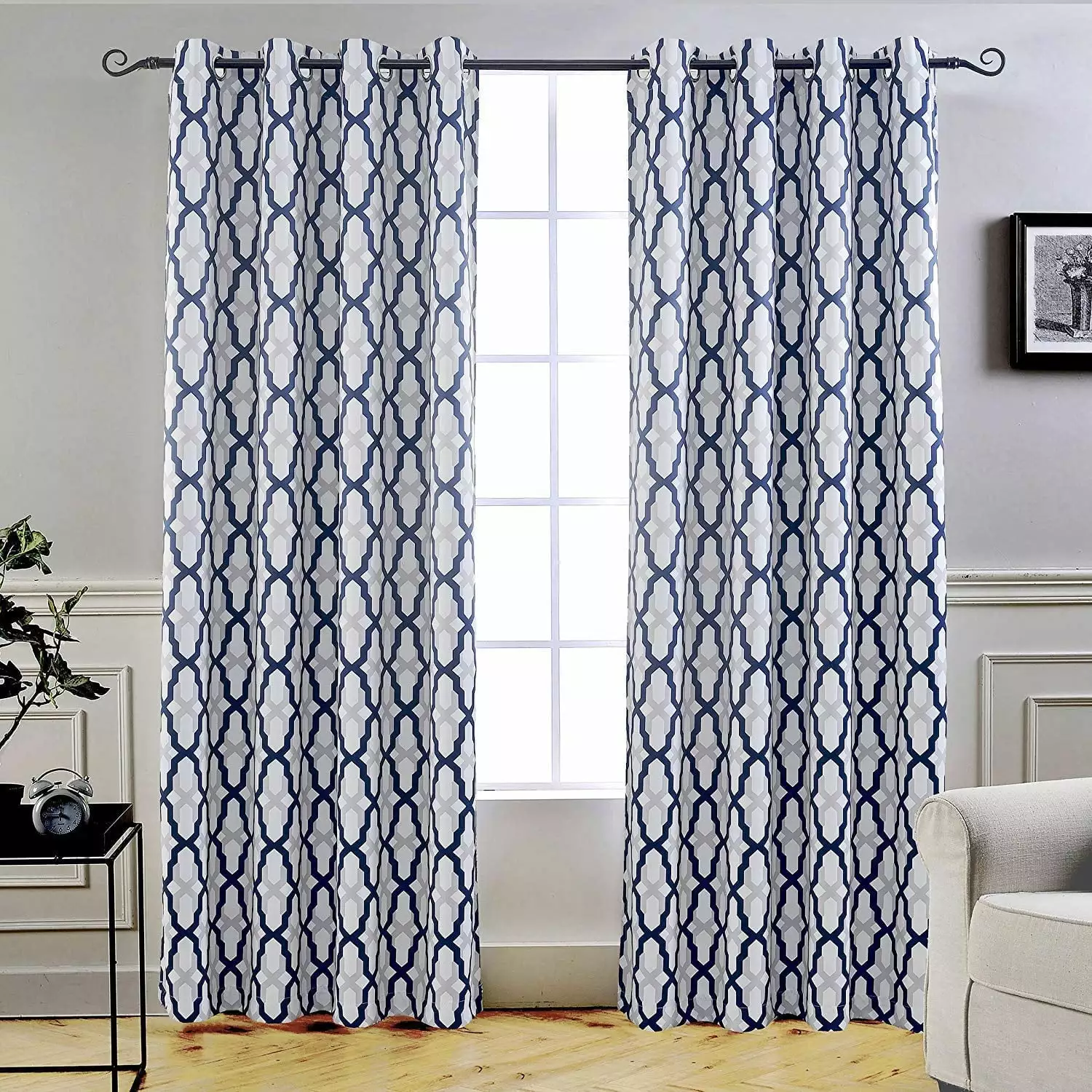 DriftAway Mason Geometric Trellis Pattern Thermal Insulated Blackout Grommet Window Curtains 2 Panels Each 52 Inch by 96 Inch Navy