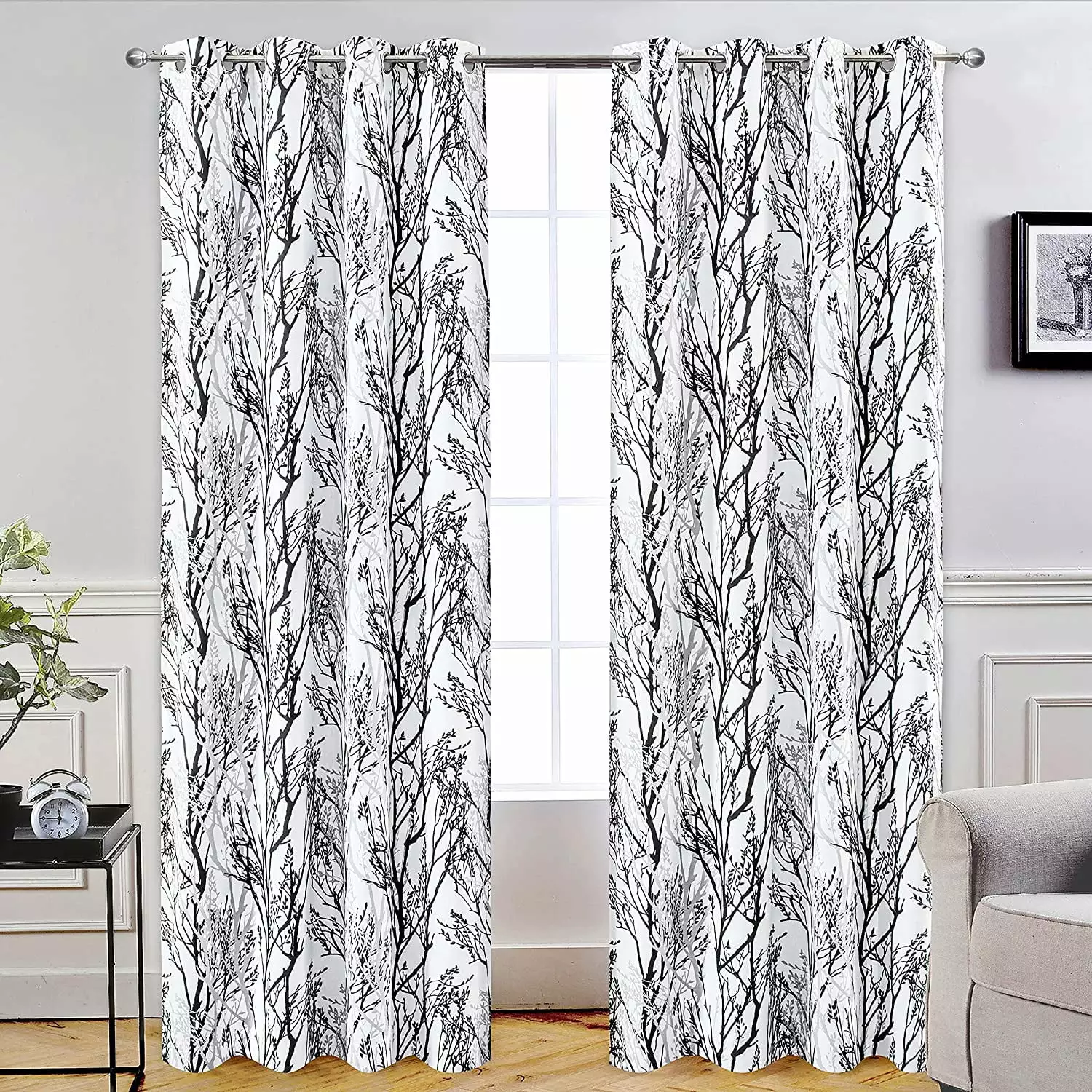 DriftAway Tree Branch Botanical Pattern Painting Blackout Room Darkening Thermal Insulated Grommet Lined Window Curtains 2 Panels 2 Layers Each 52 x 96 Black White