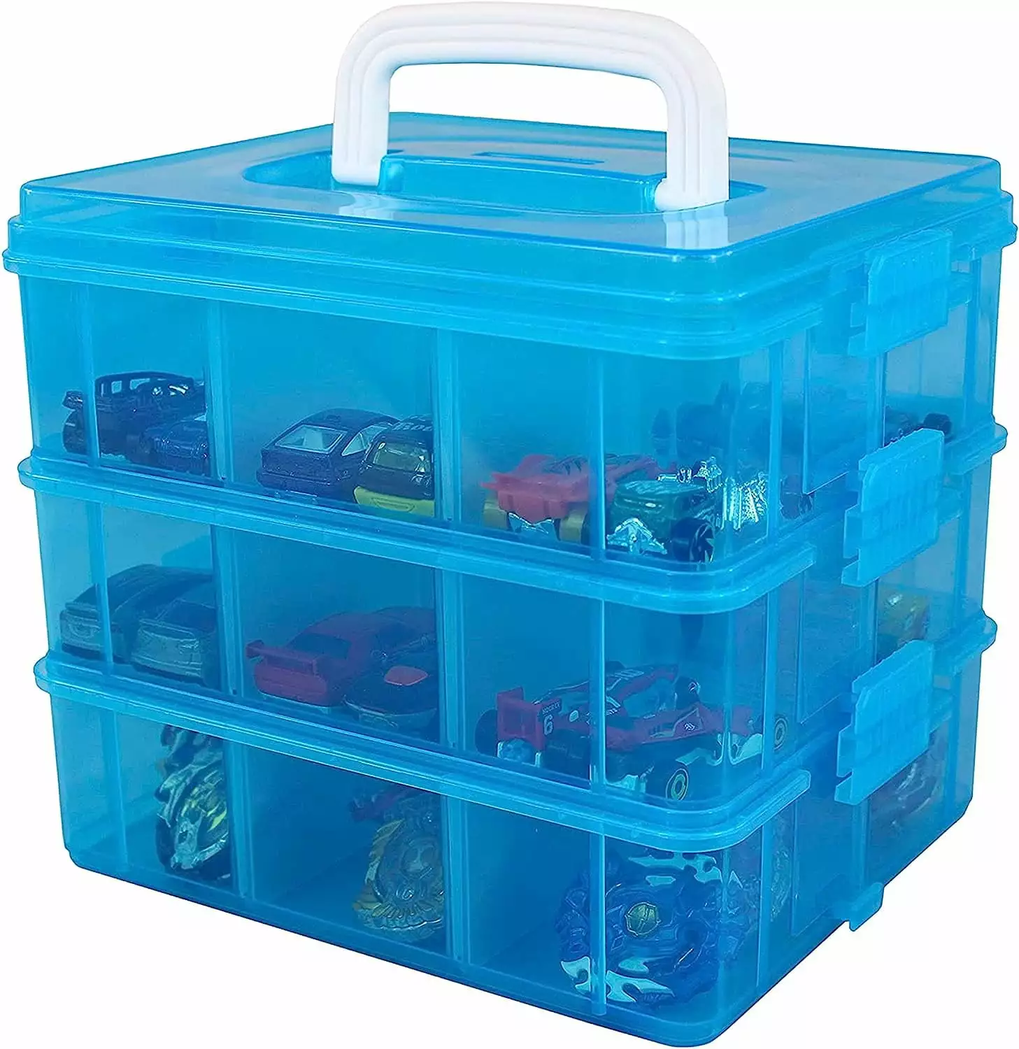 Duslogis Stackable Toys Organizer Storage Case Compatible with 18 Adjustable Compartments - 3-Tier Portable Adjustable Box w/Carrying Handle. Blue