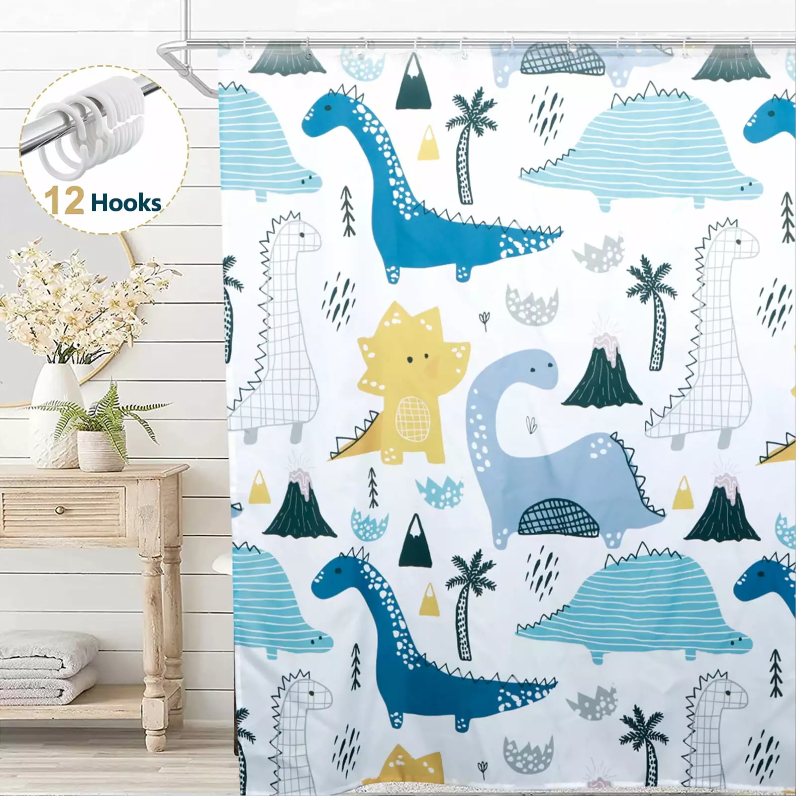 Dznils Dinosaur Kids Shower Curtain. Cartoon Fabric Bathroom Curtain with 12 Hooks. 72 x 72 White