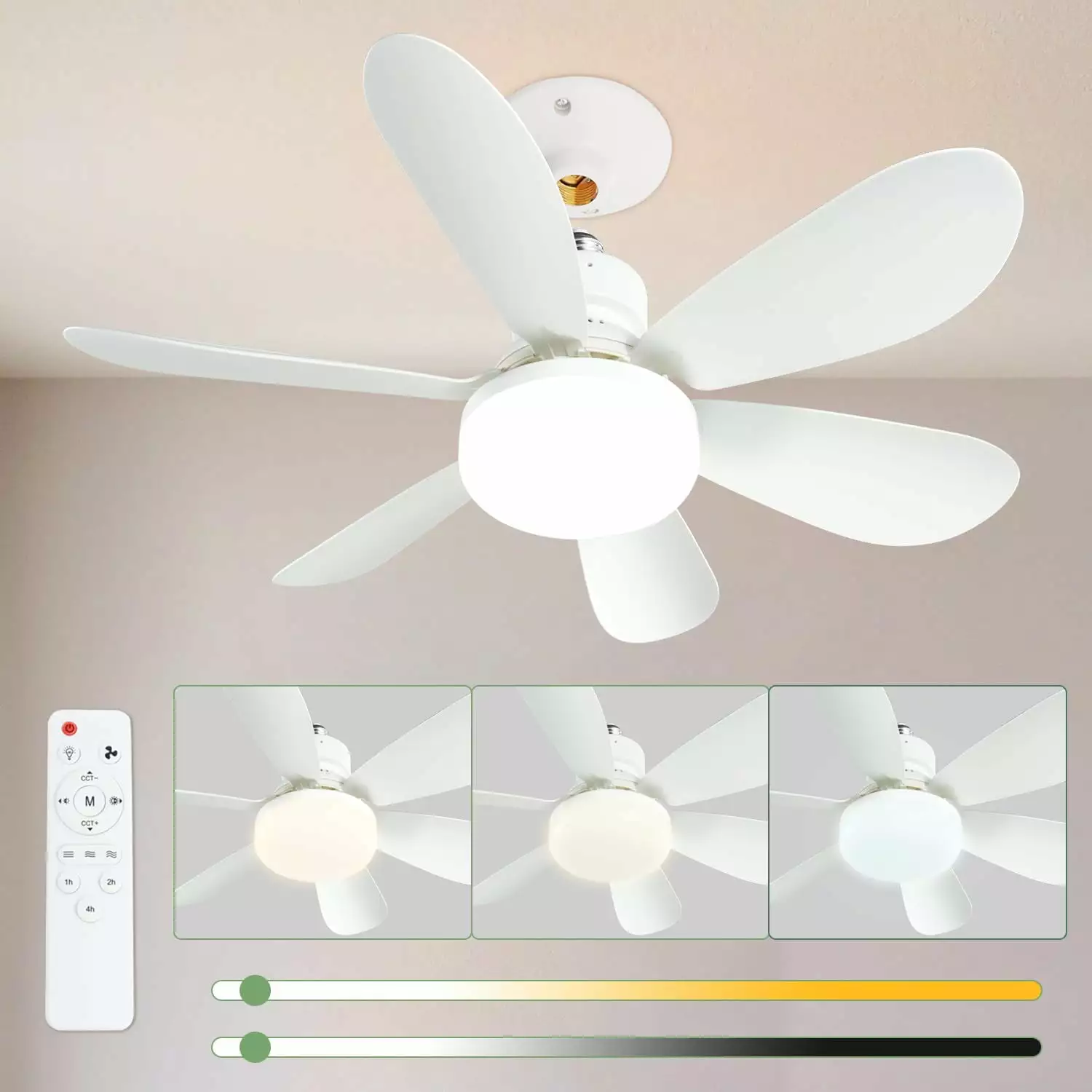 Socket fan light-E27 ceiling fan with 3-color dimmable light and remote control. 2000 lumens. silent fan bulb. 20.5-inch 6-leaf. suitable for all rooms