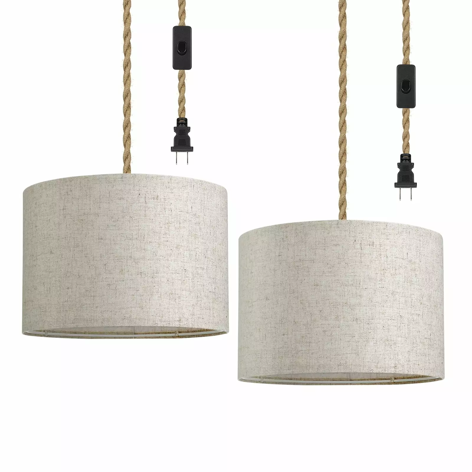 EDISHINE 2-Pack Hanging Lamps Plug in Pendant Light with 15 FT Hemp Rope Power Cord. Beige Linen Shade. On/Off Switch