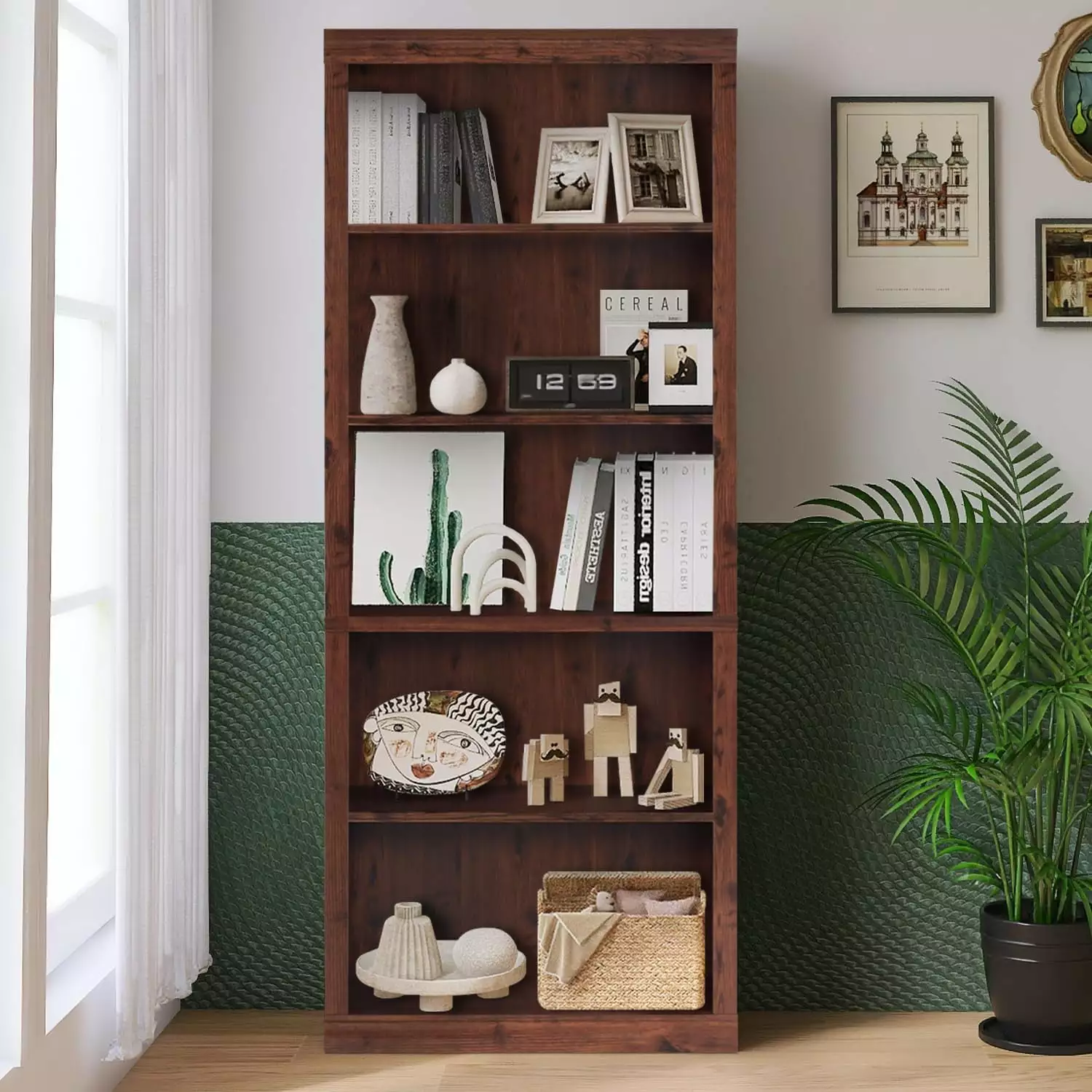 ENSTVER Wooden 5-Shelf Bookcase with Adjustable Shelves. Cherry