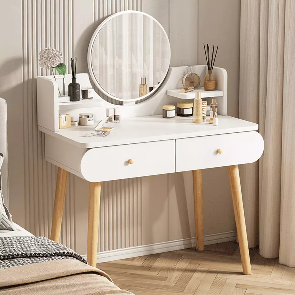 EONROACOO Modern Vanity Table Set with Mirror. White Dressing Table Makeup Vanity Desk with 2 Drawers and 2 Shelves