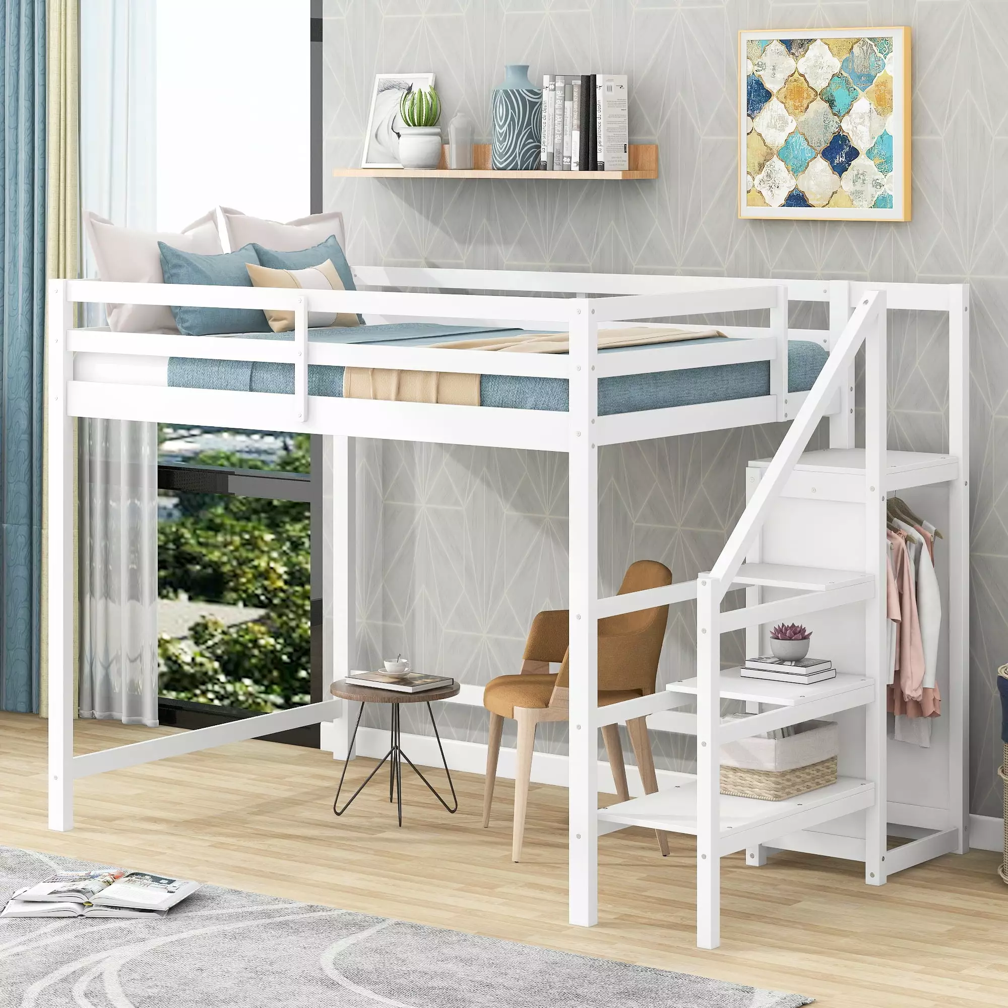 EUROCO Full Size Loft Bed with Storage Wardrobe and Shelf. White