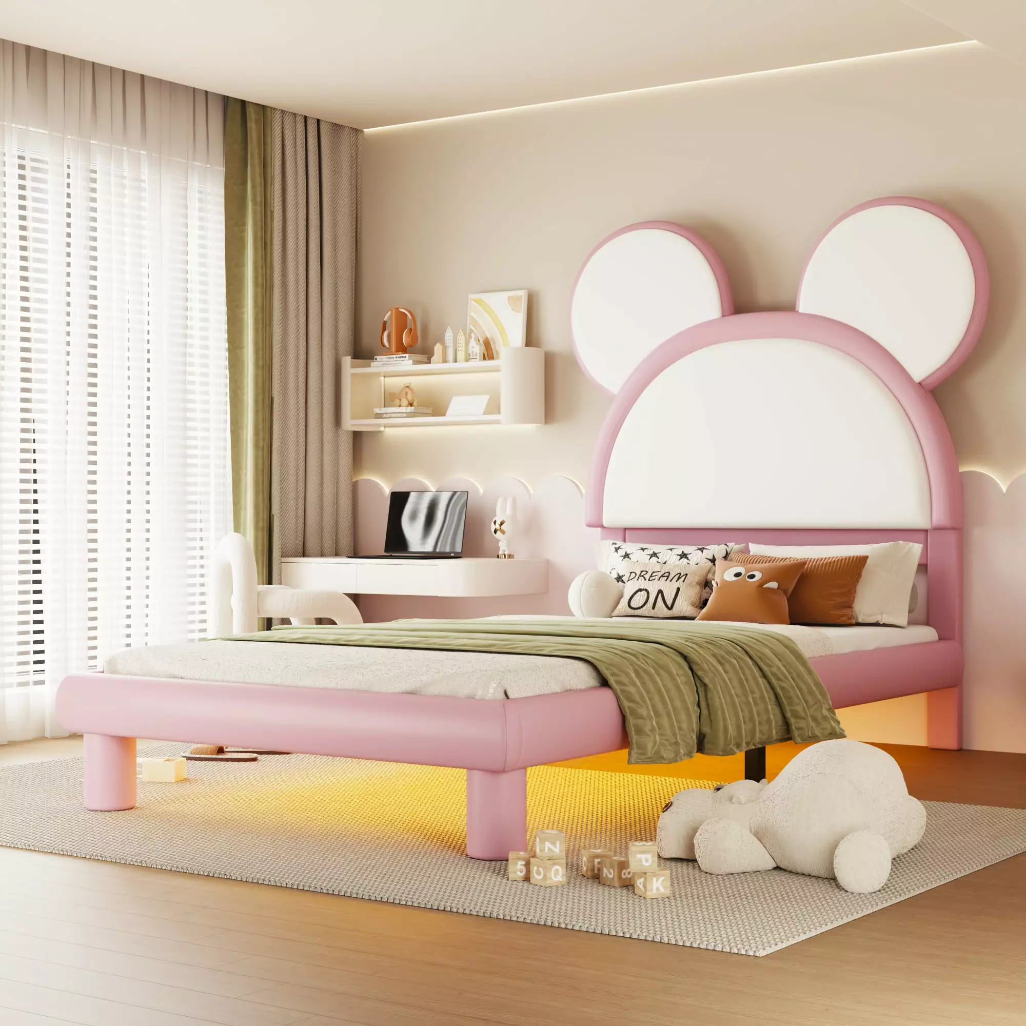 EUROCO Upholstered Twin Size Platform Bed with LED light. PU Leather Cartoon Bed Frame. Bunny Shapded Bed for Kids Teen. Pink