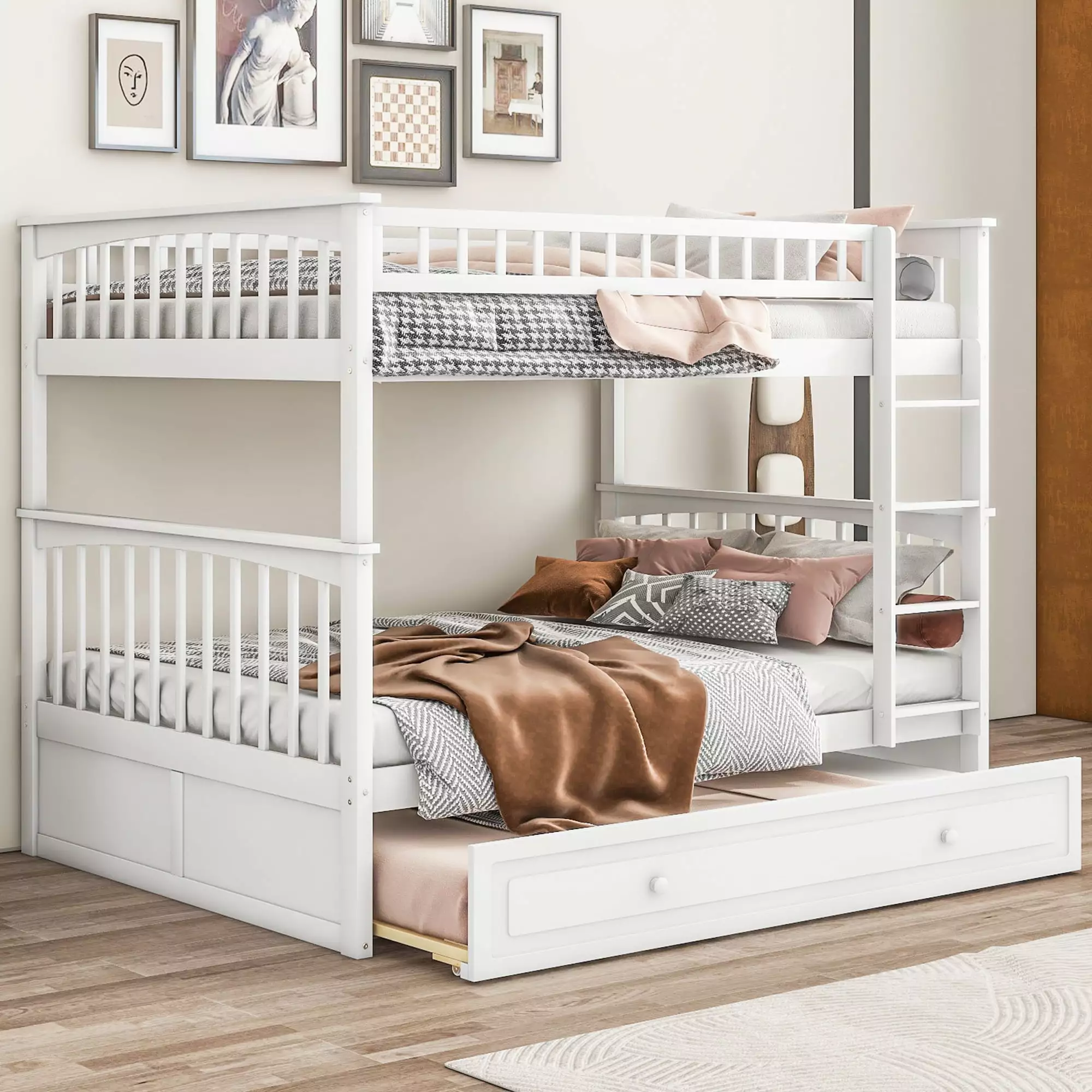 EUROCO Full over Full Bunk Bed with Twin Trundle for Bedroom. White