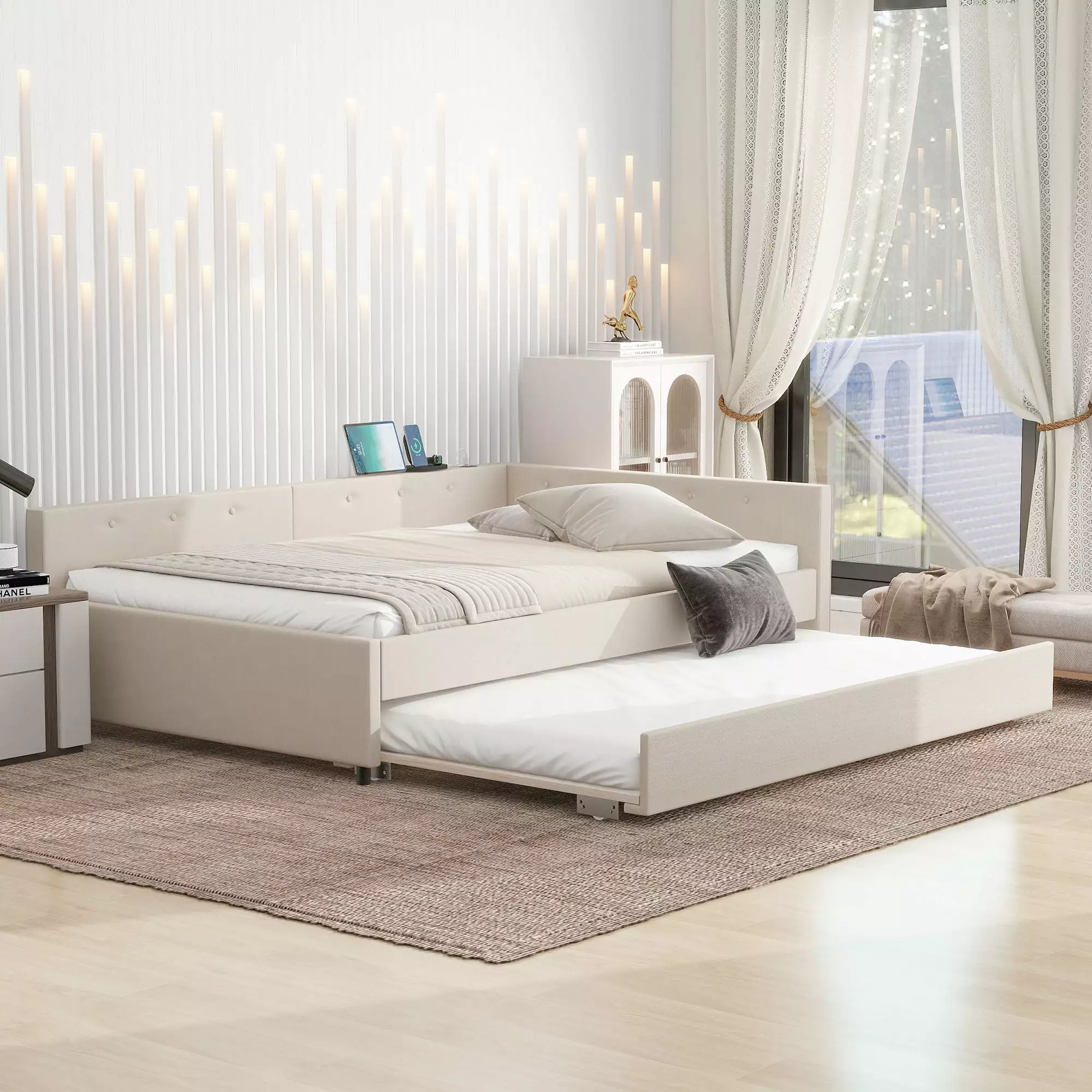 EUROCO Full Size Upholstered Daybed with Twin Trundle Bed. Sofa Bed with USB Charging Station. Beige