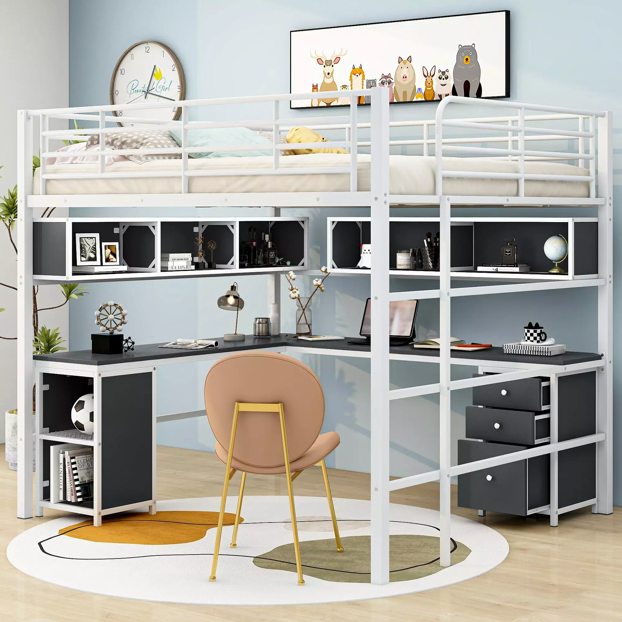 EUROCO Metal Full Size Loft Bed with Desk. Shelf and Cabinet. Functional Storage Bed for Bedroom. White