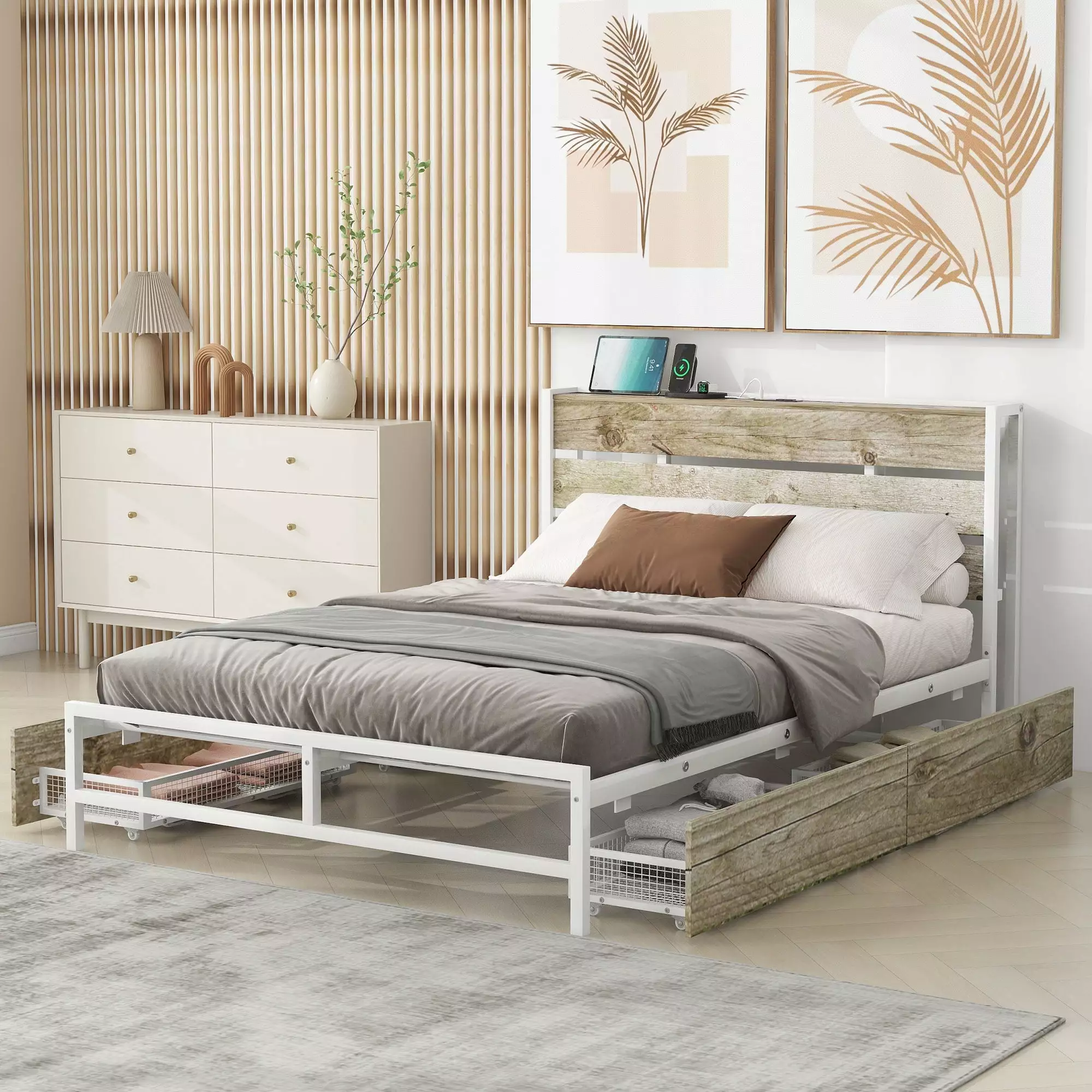 EUROCO Metal Full Size Platform Bed with Four Drawers and USB Charging. White