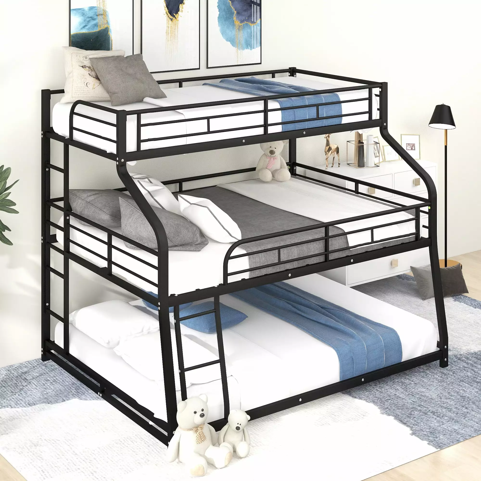 EUROCO Metal Triple Bunk Bed. Twin XL over Full XL over Queen with Ladder. Black