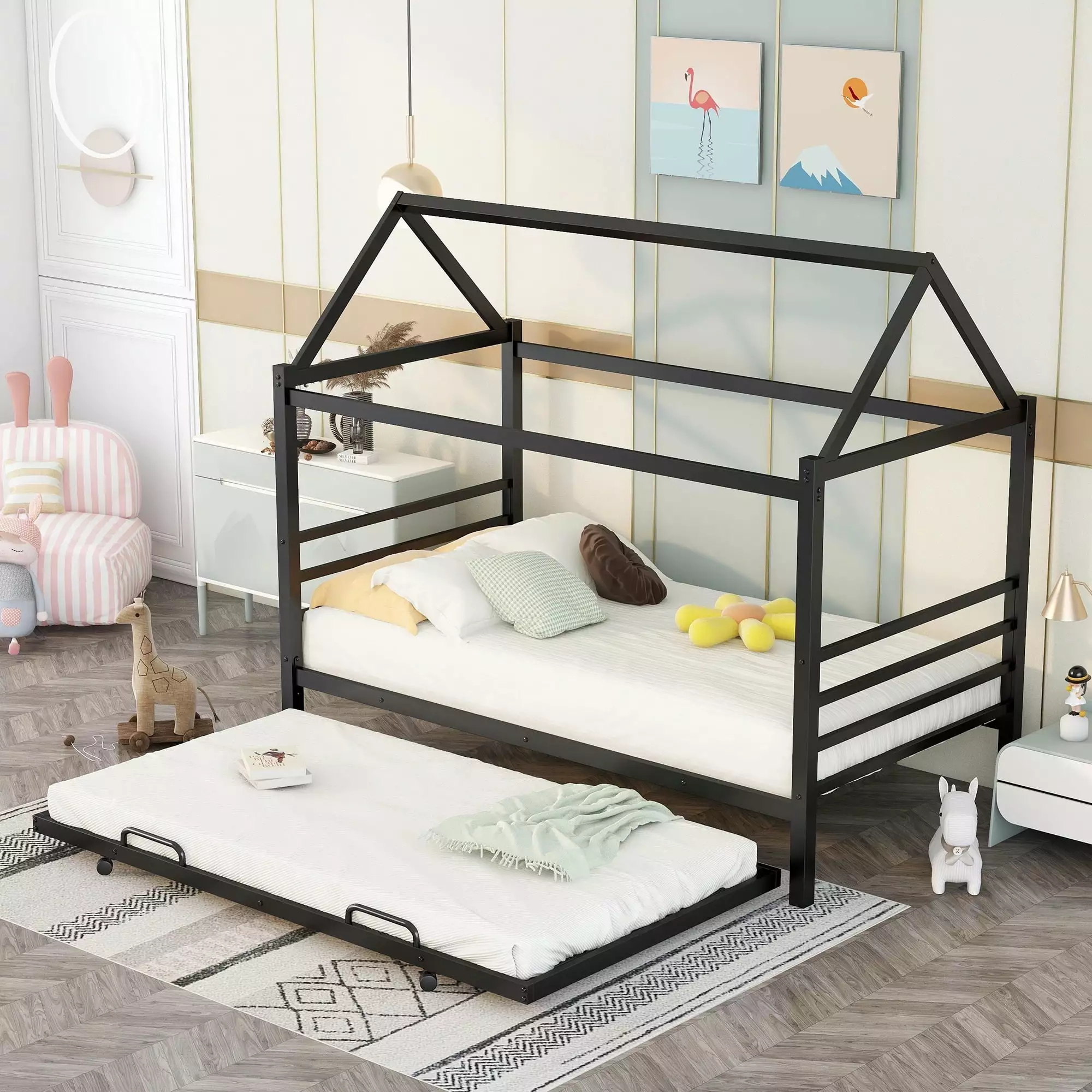 EUROCO Metal Twin Platform Bed with Trundle for Child. Solid Metal Daybed for Kids. Heavy Duty House Bed. No Box Spring Needed. Black