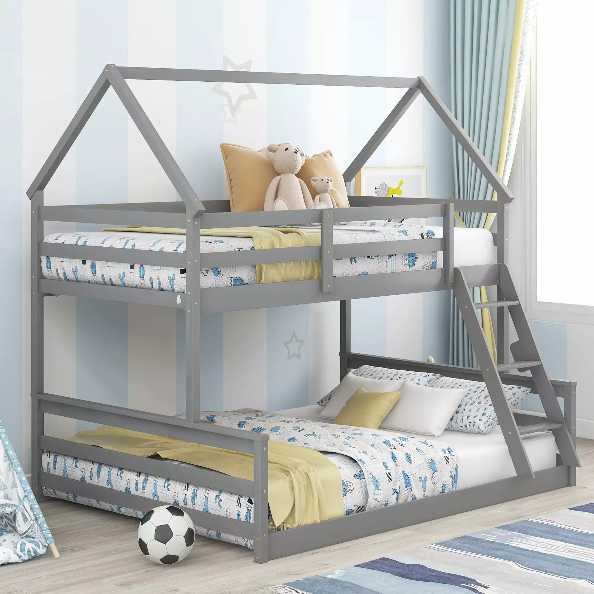 EUROCO Pine Wood Twin over Full Bunk Bed. House-Shaped for Kids Bedroom. Gray