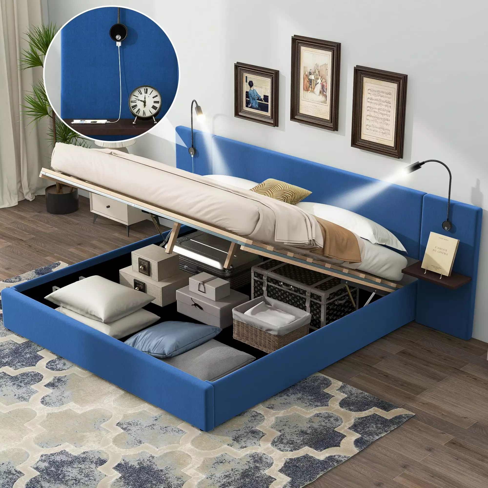 EUROCO Queen Size Hydraulic Platform Bed. Upholstery Low Profile Storage Platform Bed with Night Lights and USB Charging. Attached Shelves for Space-Saving. Heavy Duty Bed for Kids and Adults. Blue