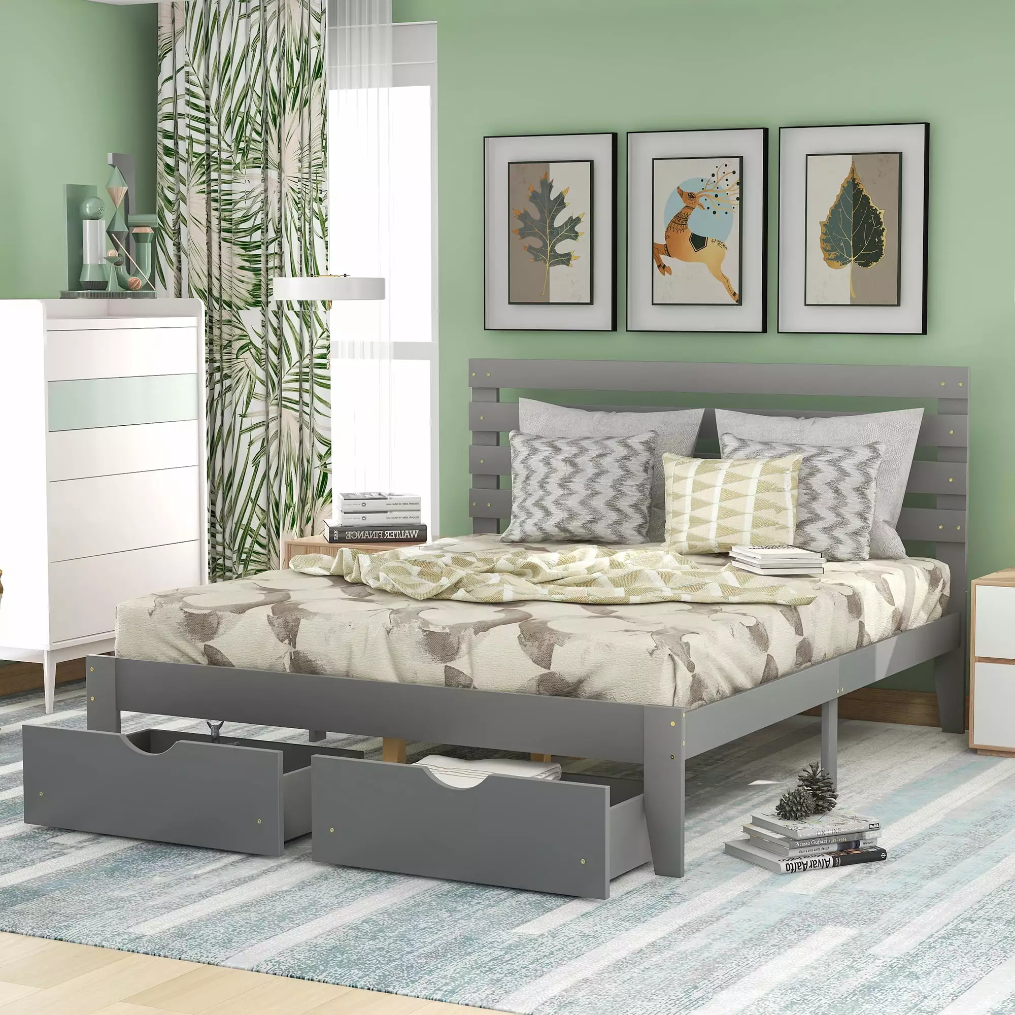 EUROCO Queen Size Pine Wood Platform Bed with 2 Drawers for Kids Teens Adults. No Box Spring Needed. Gray