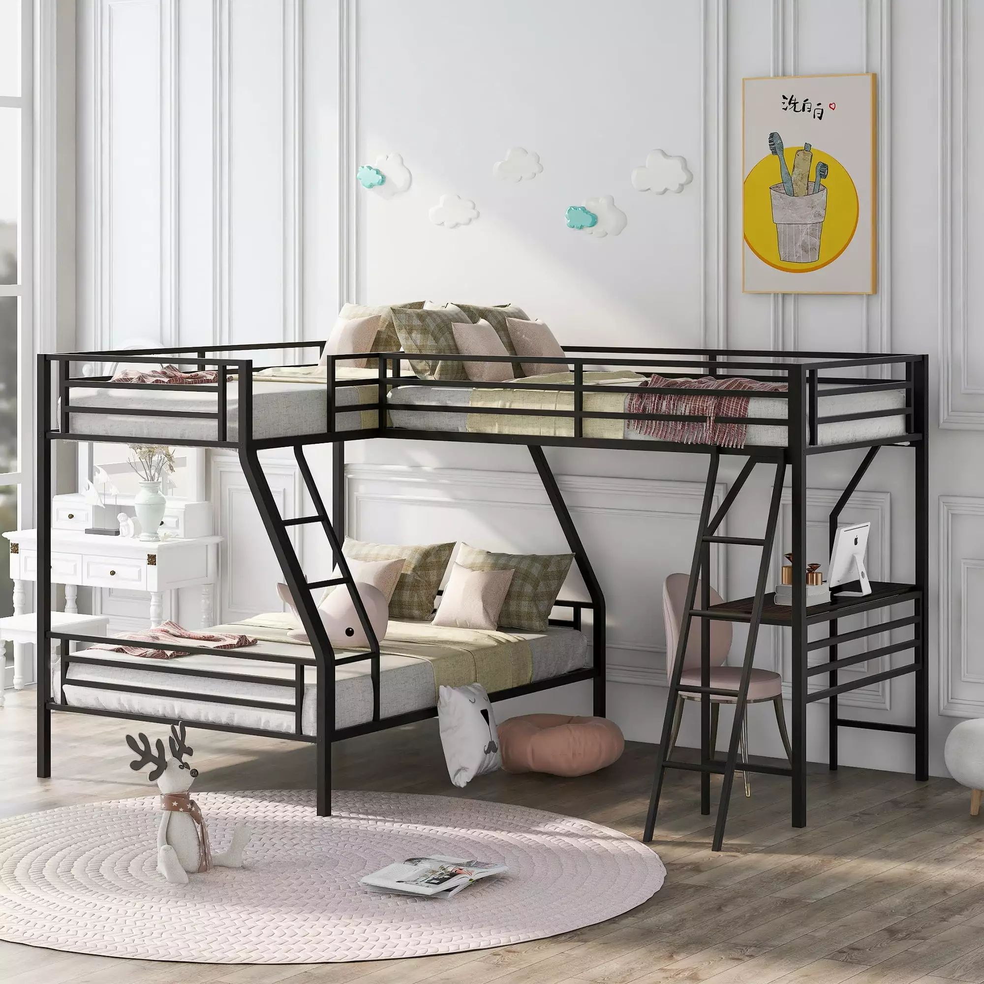 EUROCO Twin over Full L-Shaped Metal Bunk Bed and Twin Loft Bed. Three Beds in One. Space-Saving Bed. Built-in Study Desk for Kids Teens Adults. Black