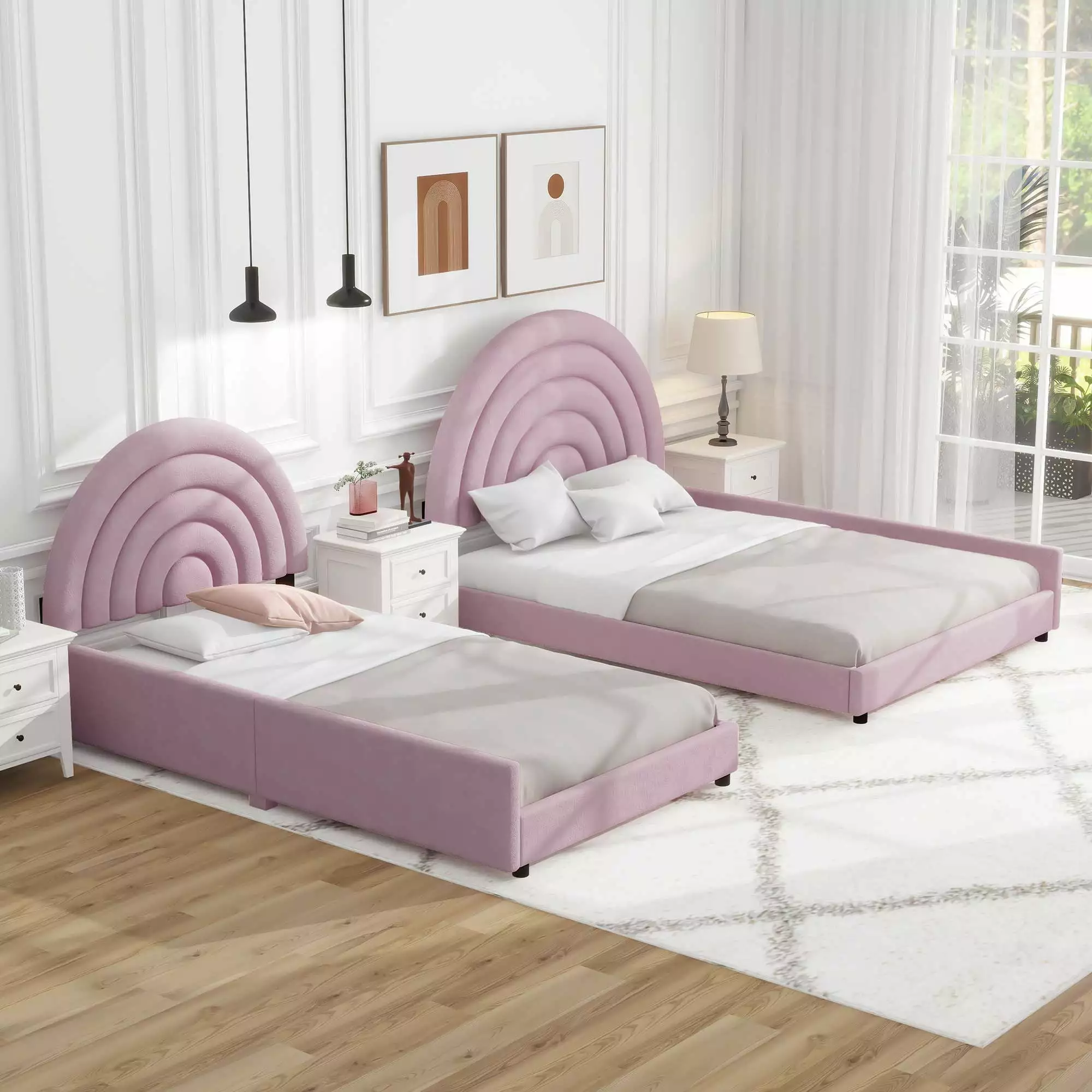 EUROCO Twin & Full Size Upholstery Platform Bed. Two Seperate Daybeds for Kids Teens Adults. Pink