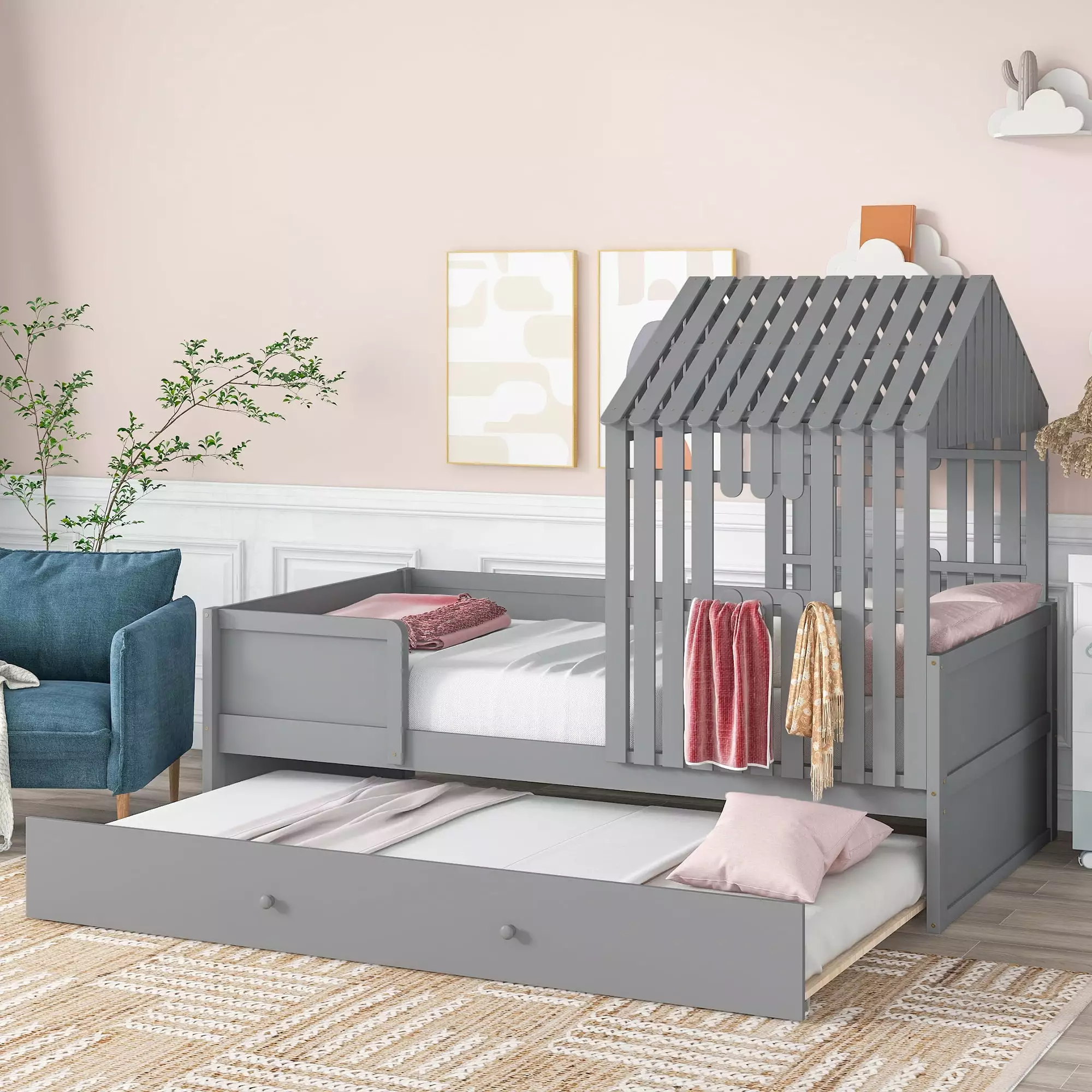 EUROCO Twin House Loft Bed with Roof and Trundle for Kids Bedroom. Gray